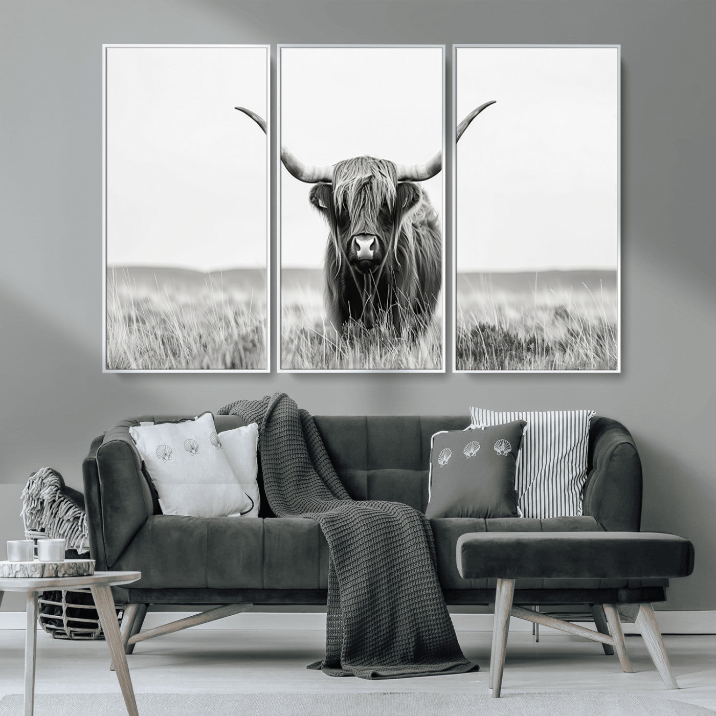 MGV-FC-48X32-3P - Highland Cow Canvas Wall Art – Majestic Beauty in Black and White