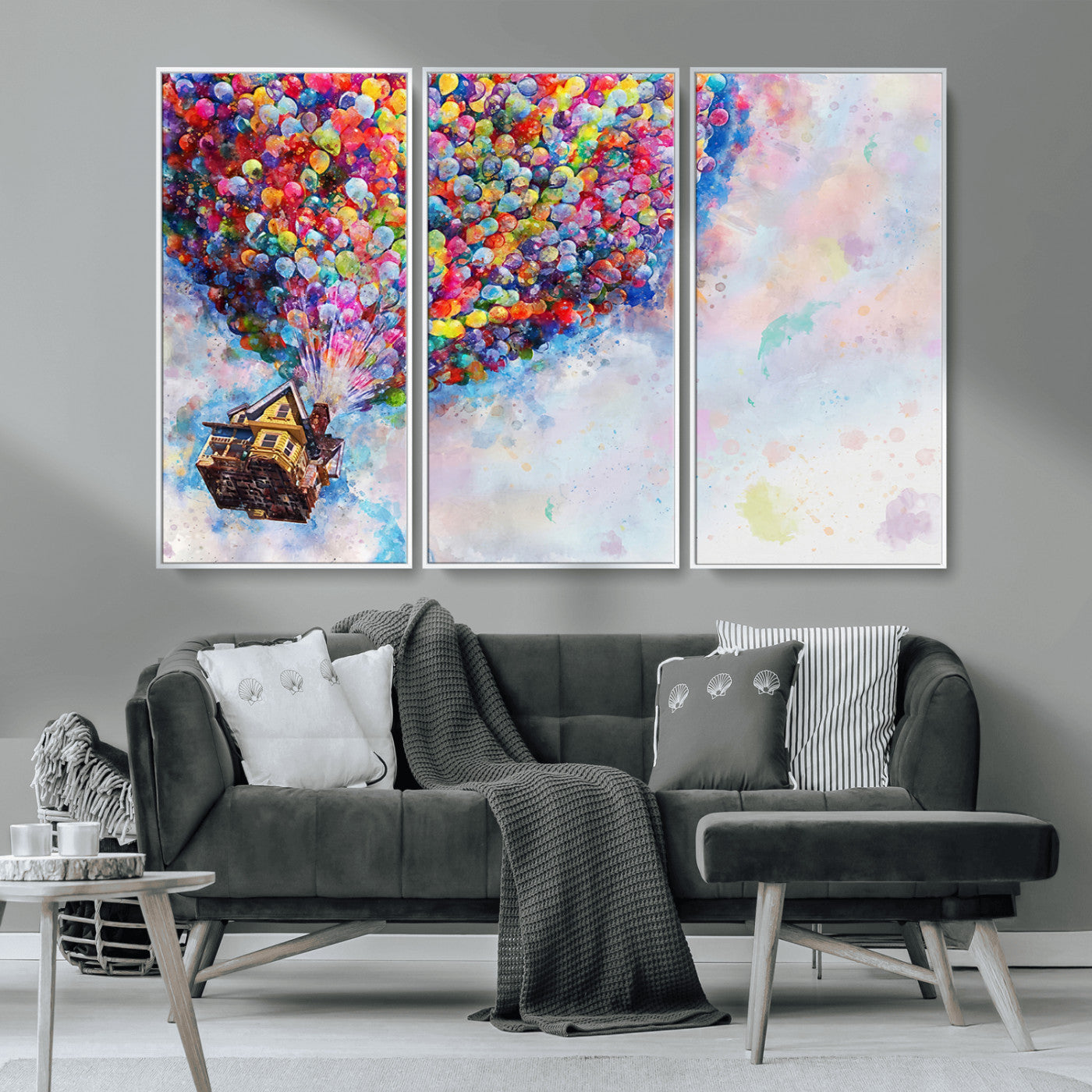 MGV-FC-48X32-3P - Don't Look Up Movie Canvas Wall Art - Vibrant Floating House and Balloons Scene, Tribute to Iconic