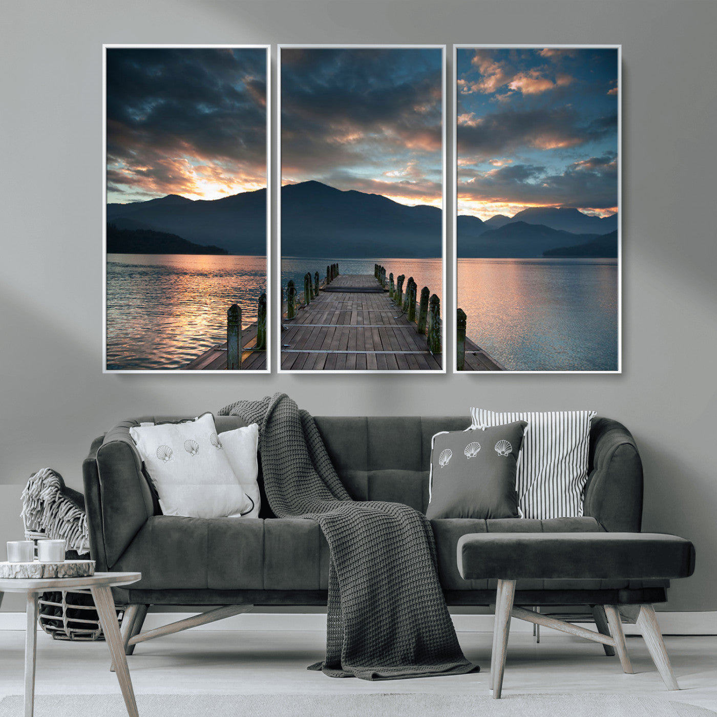 MGV-FC-48X32-3P - Mountain Lake Wood Pier Canvas Wall Art Nature Lake Print