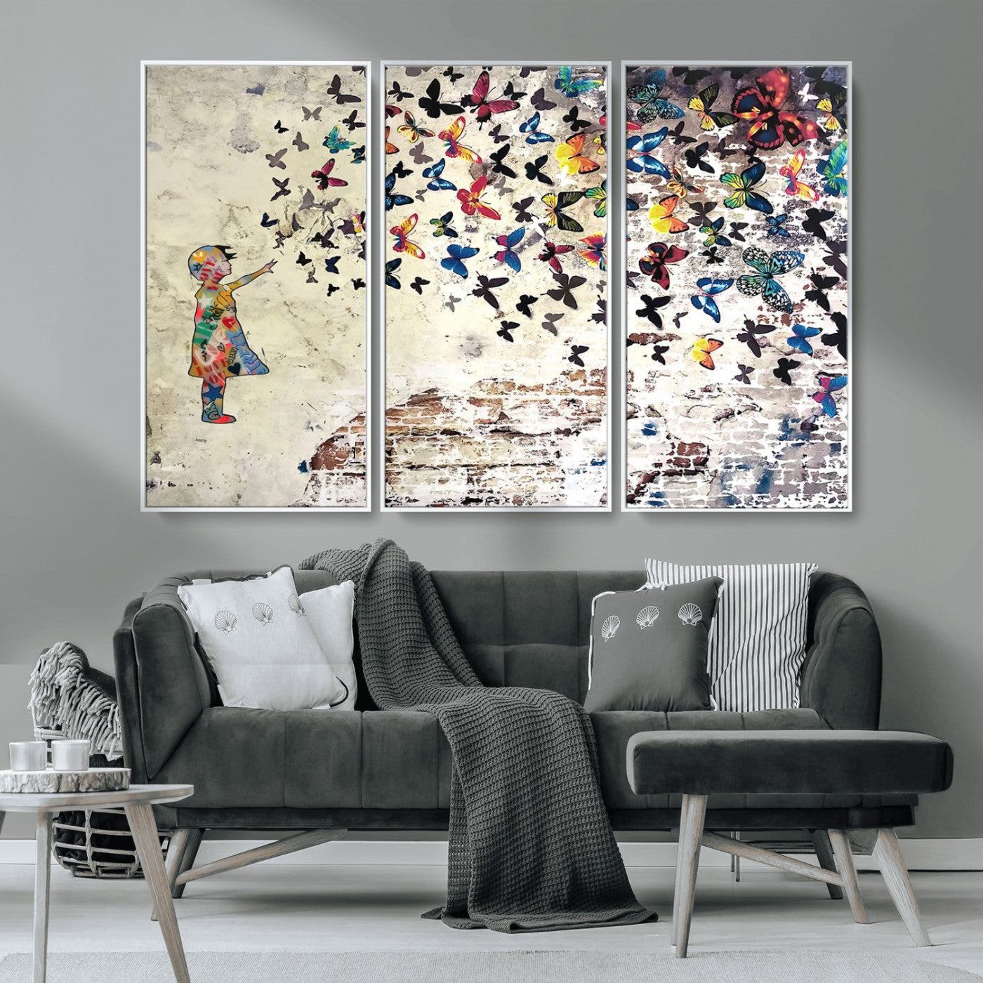 MGV-FC-48X32-3P - Banksy Wall Art - Banksy Girl Butterfly Graffiti Wall Art Canvas Print - Butterfly Girl and Freedom Flight - Vibrant Street Art Print