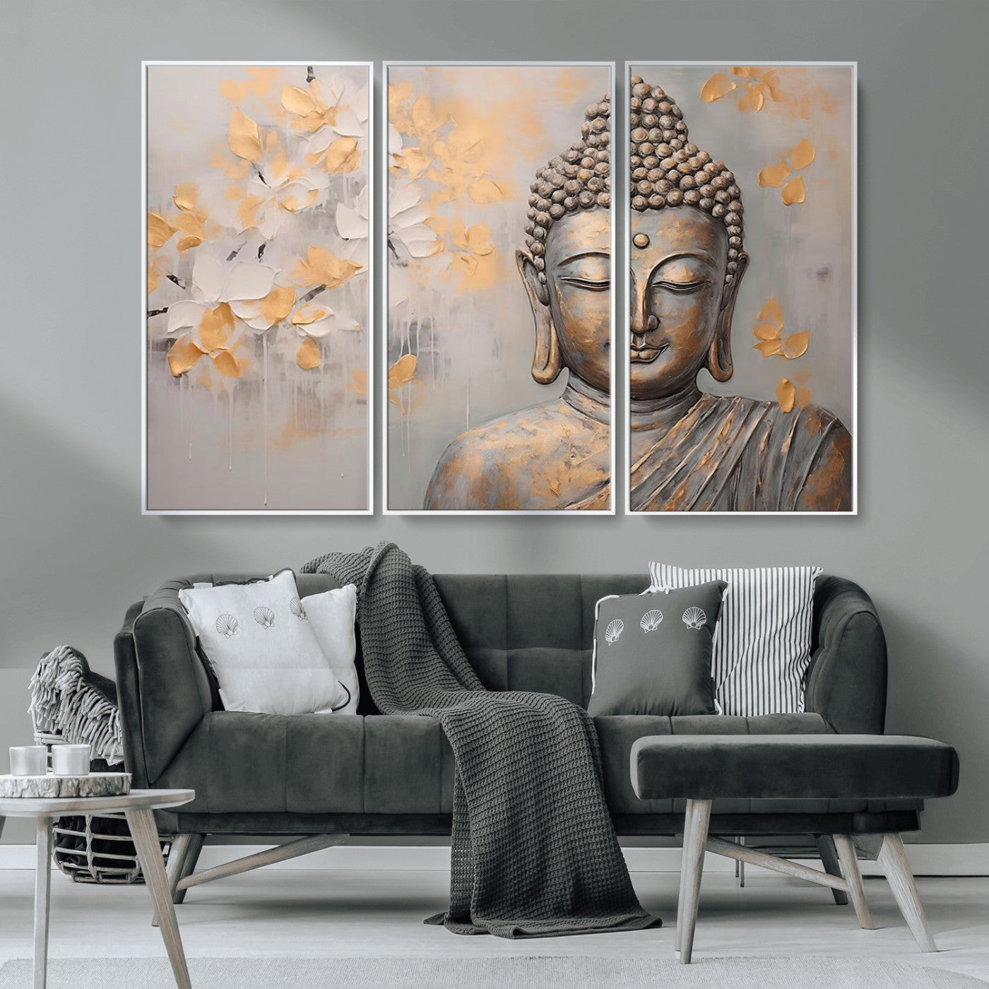MGV-FC-48X32-3P - Abstract Buddha Statue Wall Art Canvas Print - Modern Meditation Decor for Living Room, Office, Yoga Studio Decor
