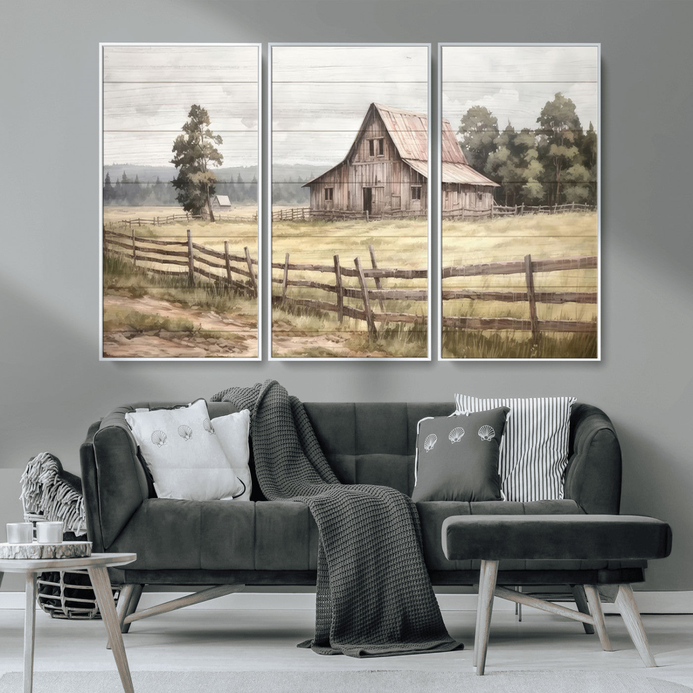 MGV-FC-48X32-3P - Rustic Farmhouse Barn Wall Art | 3-Panel Framed Gallery Wrap Giclee Canvas Print for Living Room, Farmhouse, or Office | Country Landscape Wall Art