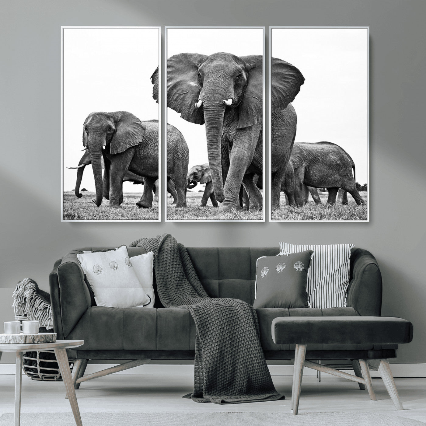 MGV-FC-48X32-3P - Black White Elephant Family Wall Art Canvas Print