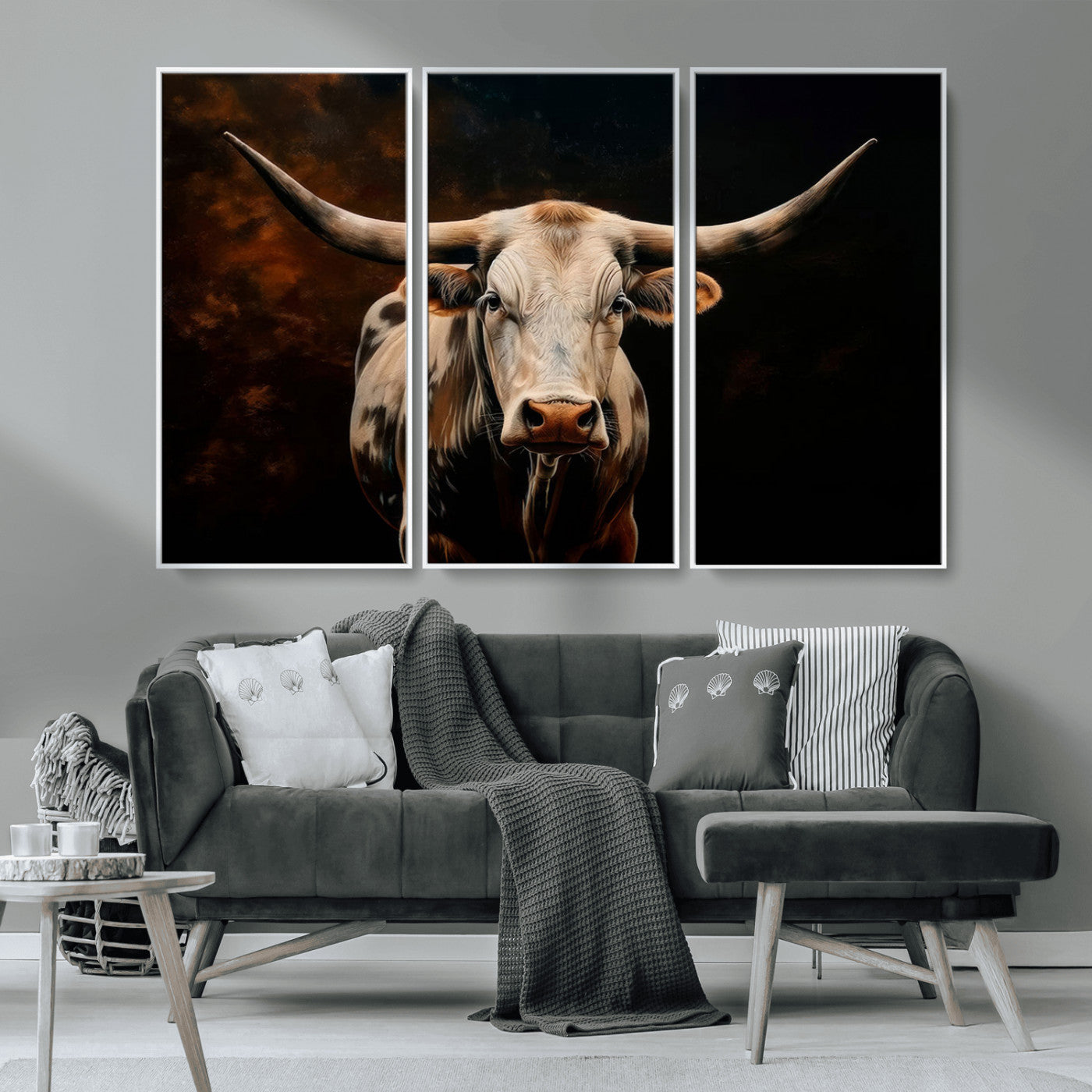 MGV-FC-48X32-3P - Texas Longhorn Wall Art | 3-Panel Large Texas Longhorn Canvas Print for Living Room, Office, or Farmhouse Decor | Framed Giclee Longhorn Wall Art