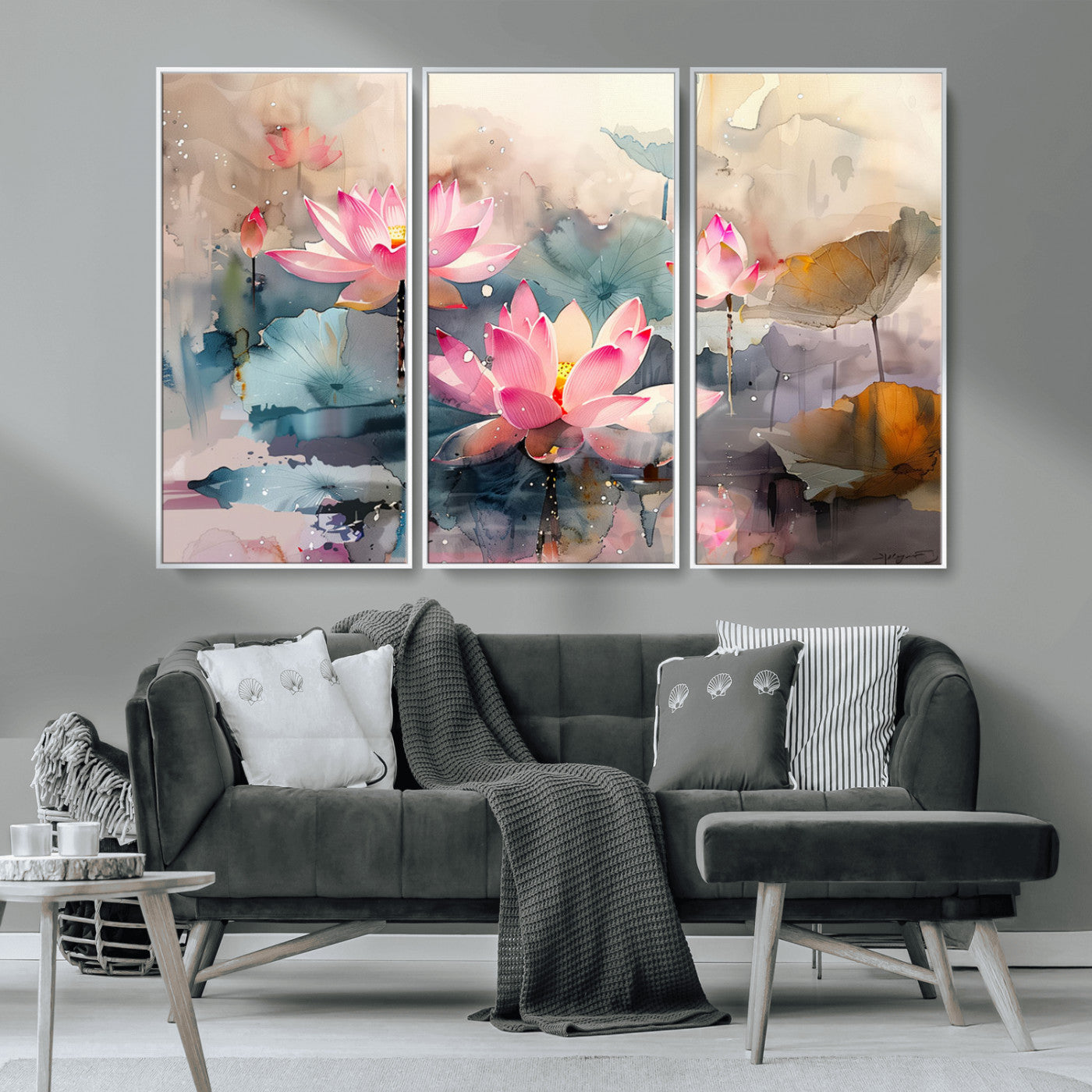 MGV-FC-48X32-3P - Lotus Flower Wall Art | 3-Panel Giclee Canvas Print of Pink Lotus Blossoms for Living Room, Bedroom, Office | Framed Lotus Floral Wall Art Decor Print