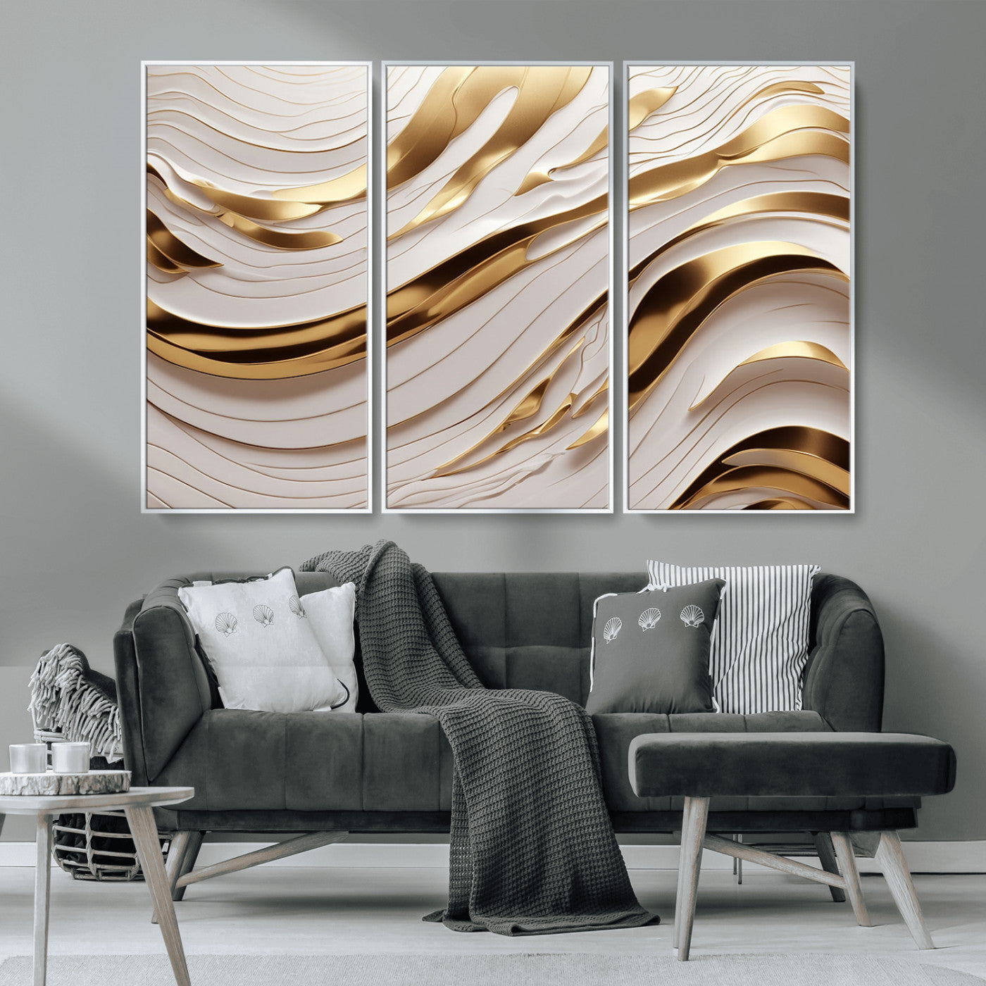 -Gold and White Abstract Wave Canvas – Elegant Flowing Design with Luxurious Golden Accents –