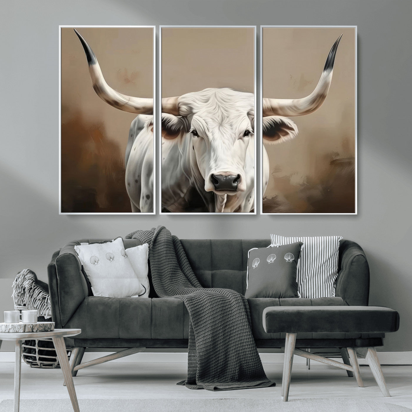 -White Longhorn Bull Wall Art Canvas Print – Framed and Ready to Hang – Perfect for Farmhouse and
