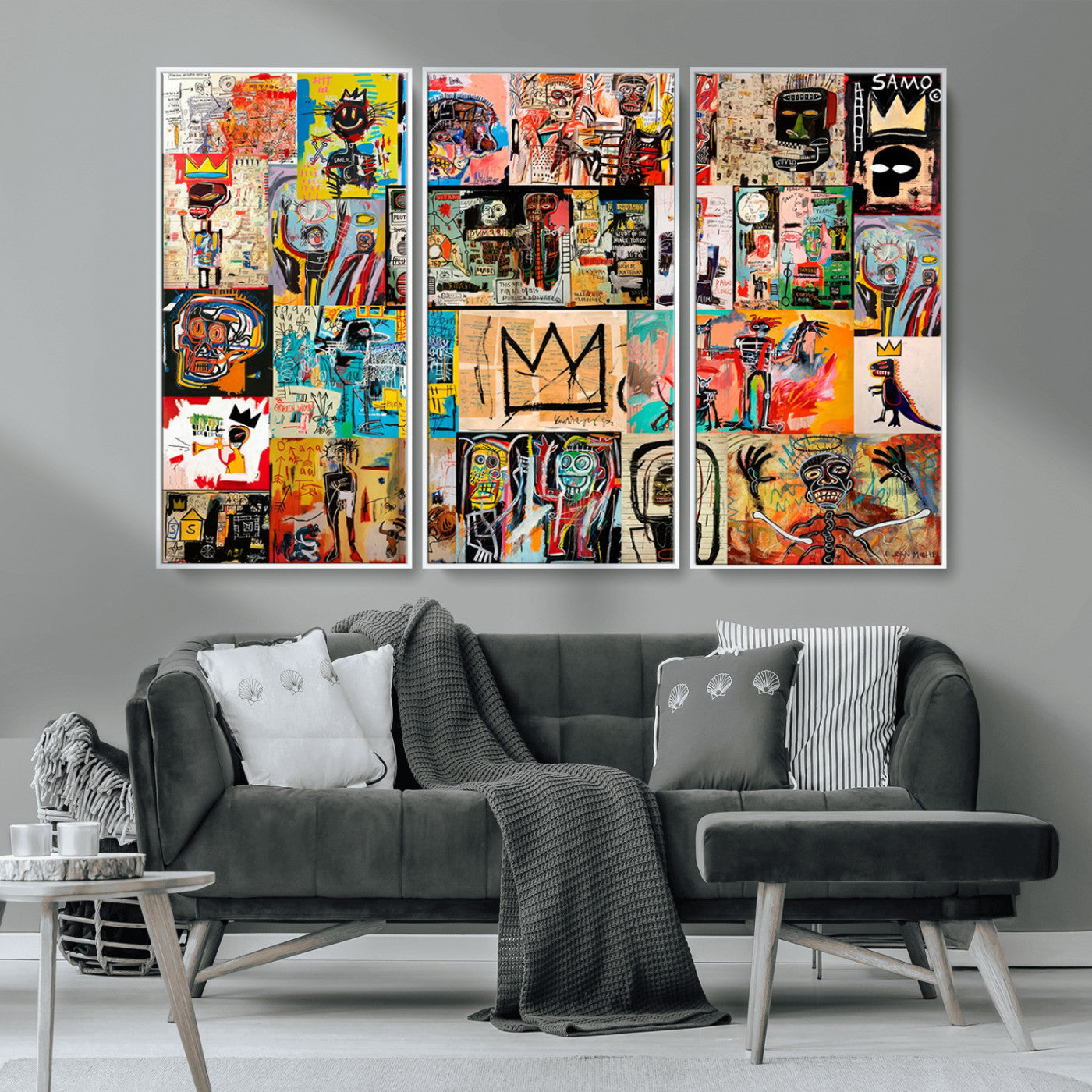 MGV-FC-48X32-3P - Basquiat Art Collage Wall Art Canvas Print – Framed, Ready to Hang, Urban Graffiti Style