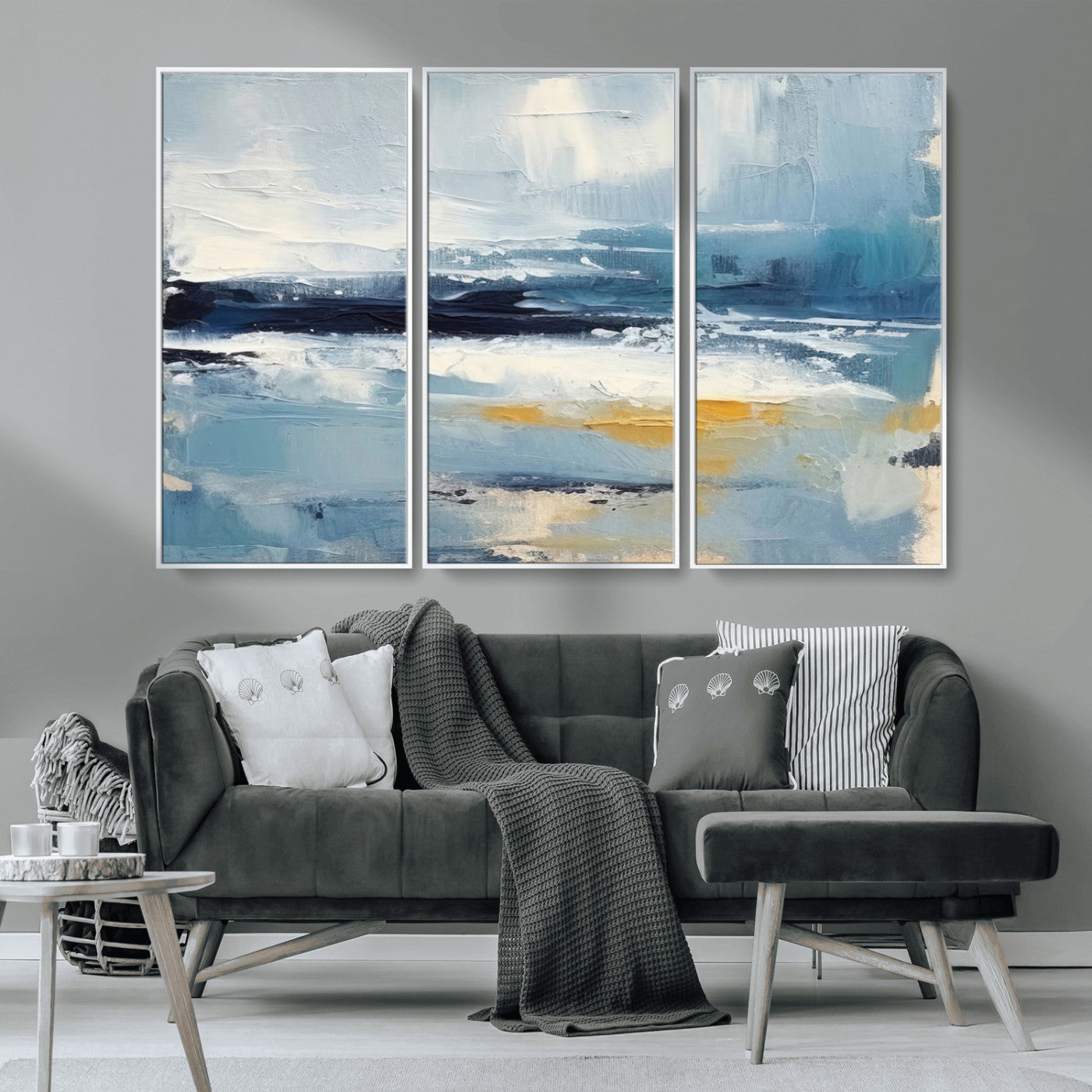MGV-FC-48X32-3P - Abstract Ocean Canvas Wall Art - Coastal Blue and Gold Textured Painting, Modern Seascape Decor for Living Room Decor