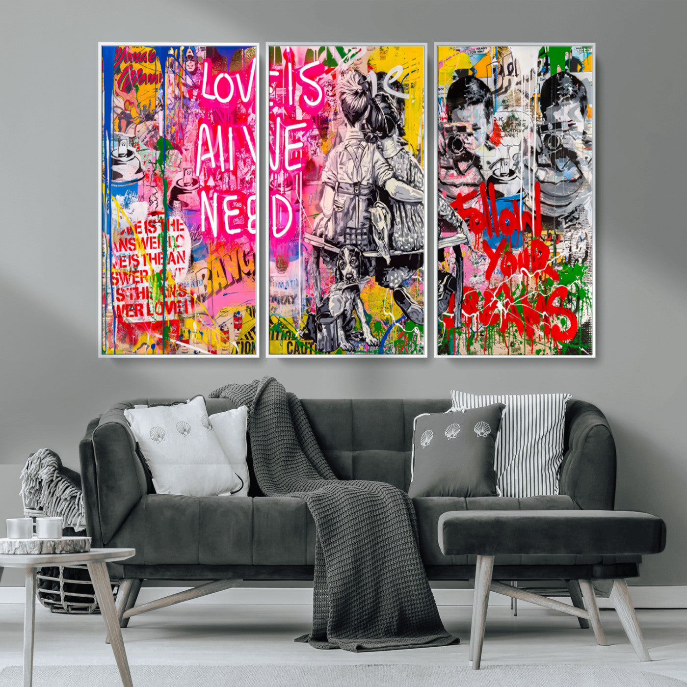MGV-FC-48X32-3P - Follow Your Dreams & Love is All We Need Graffiti Street Art Triptych | 3-Panel Colorful Urban Wall Art for Living Room, Office, Loft Graffiti Wall Art Print