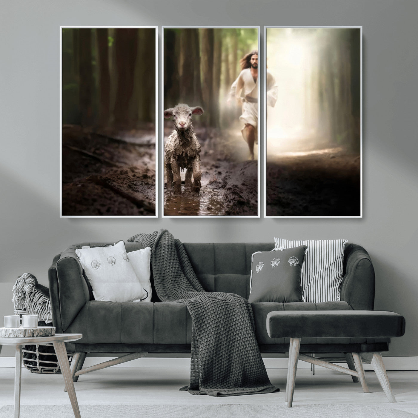 MGV-FC-48X32-3P - Jesus Canvas Wall Art - Jesus Running After Lost Lamb, Jesus, Christian Home Decor - Church Wall Art