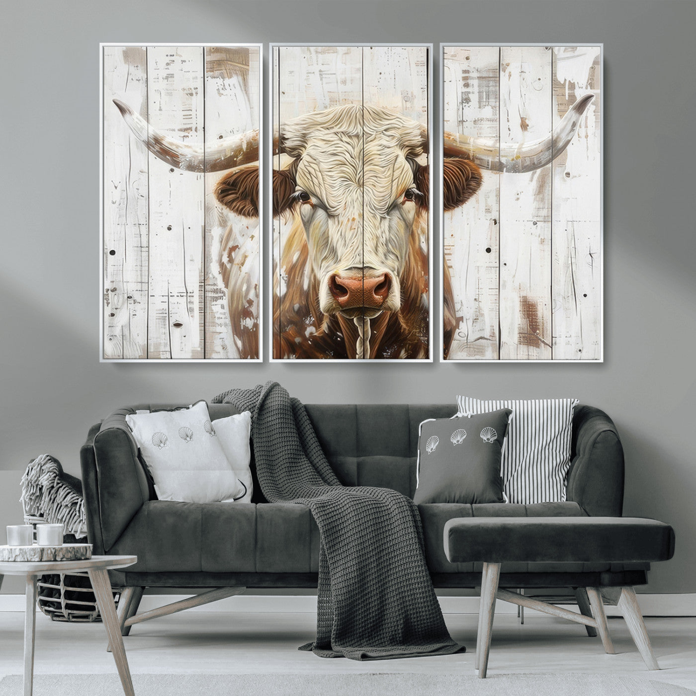 -Rustic Longhorn Bull Wall Art Canvas Set – Western-Inspired Farmhouse Décor - Ready to Hang