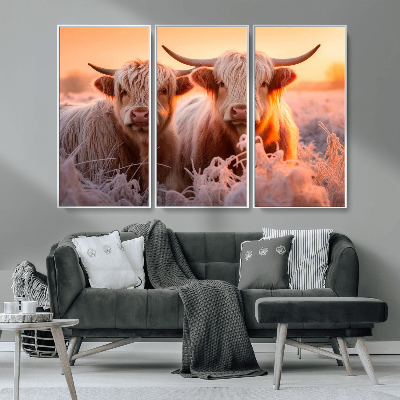 68253-MGV-FC-48X32-3P_White-Highland Cows at Sunrise Wall Art Canvas Set – Serene and Rustic Farmhouse Decor
