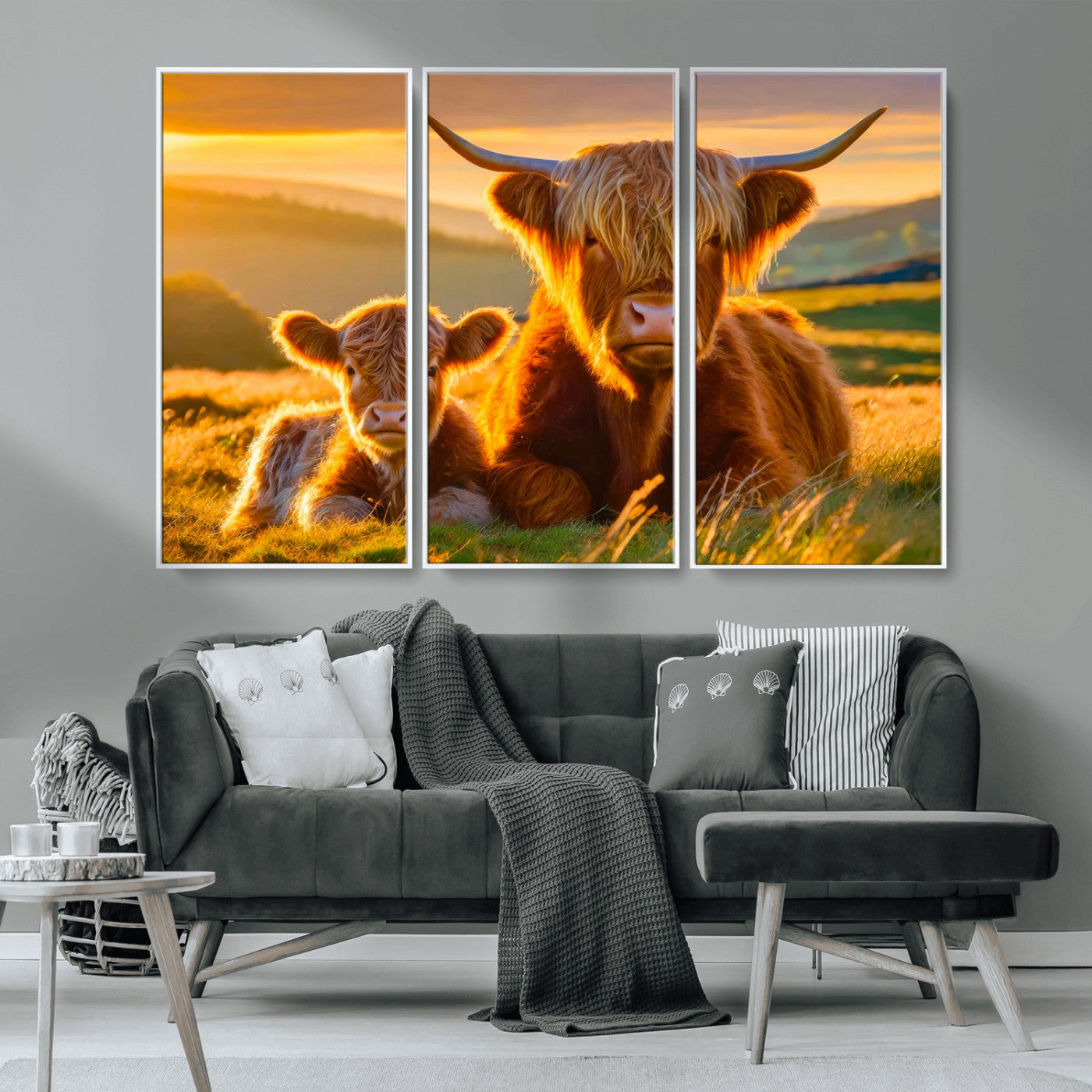 -Scottish Cow and Baby Cow Canvas Wall Art Animal Print Fluffy Cattle Framed Farmhouse Decor