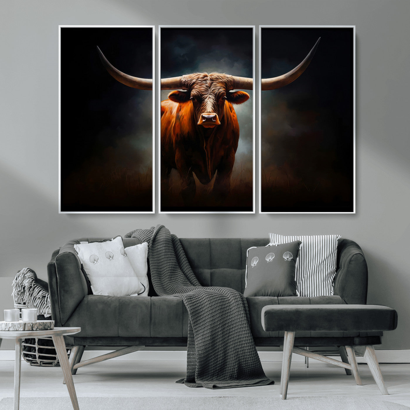 MGV-FC-48X32-3P - Abstract Texas Longhorn Wall Art Print | 3-Panel Large Texas Longhorn Canvas Print for Living Room, Office  Farmhouse Decor | Framed Longhorn Wall Art