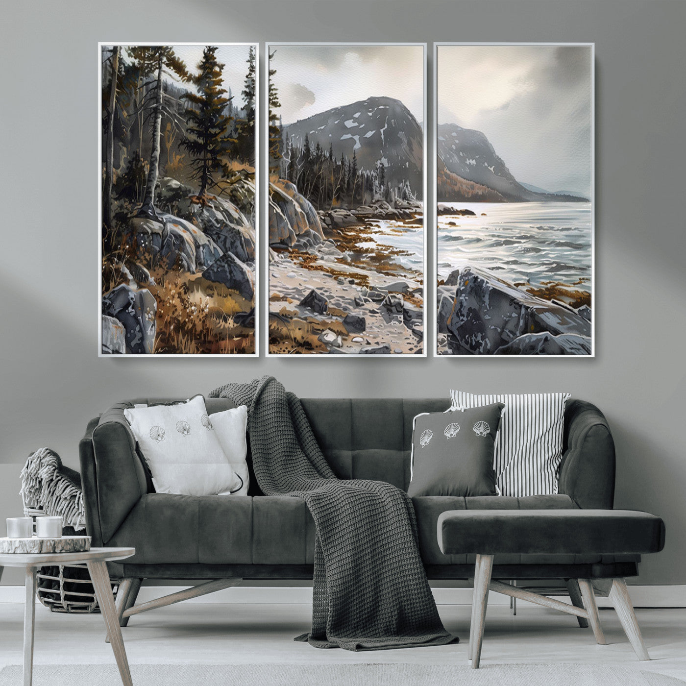 -Serene Coastal View of Acadia National Park - Stunning 3-Panel Wall Art Canvas Print, Framed, Ready