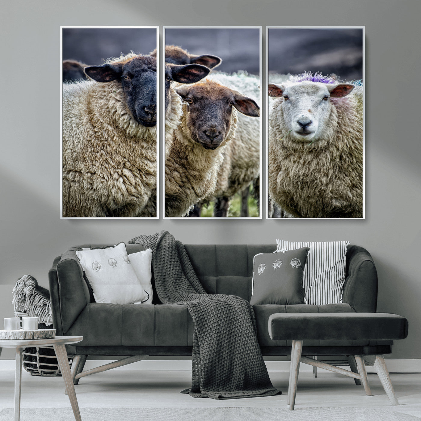 -Charming Sheep Portrait Wall Art – Trio of Woolly Companions Canvas Print, Framed, Ready to Hang