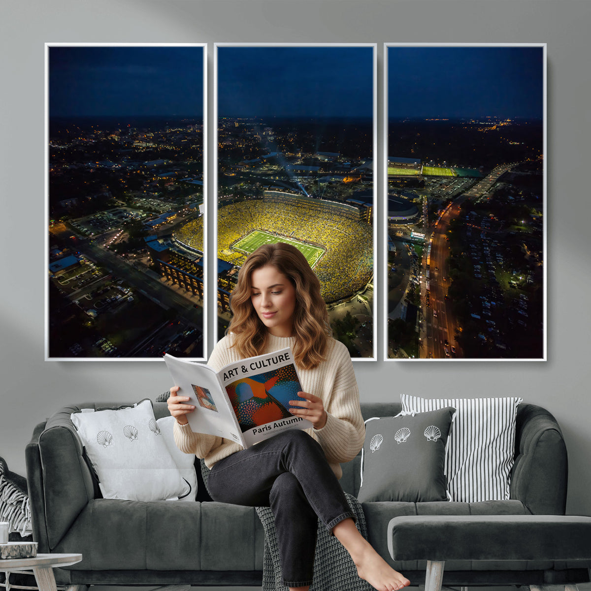33588-MGV-CV-36X24 - Michigan Stadium Night Game Wall Art | Sports Arena Aerial View Canvas