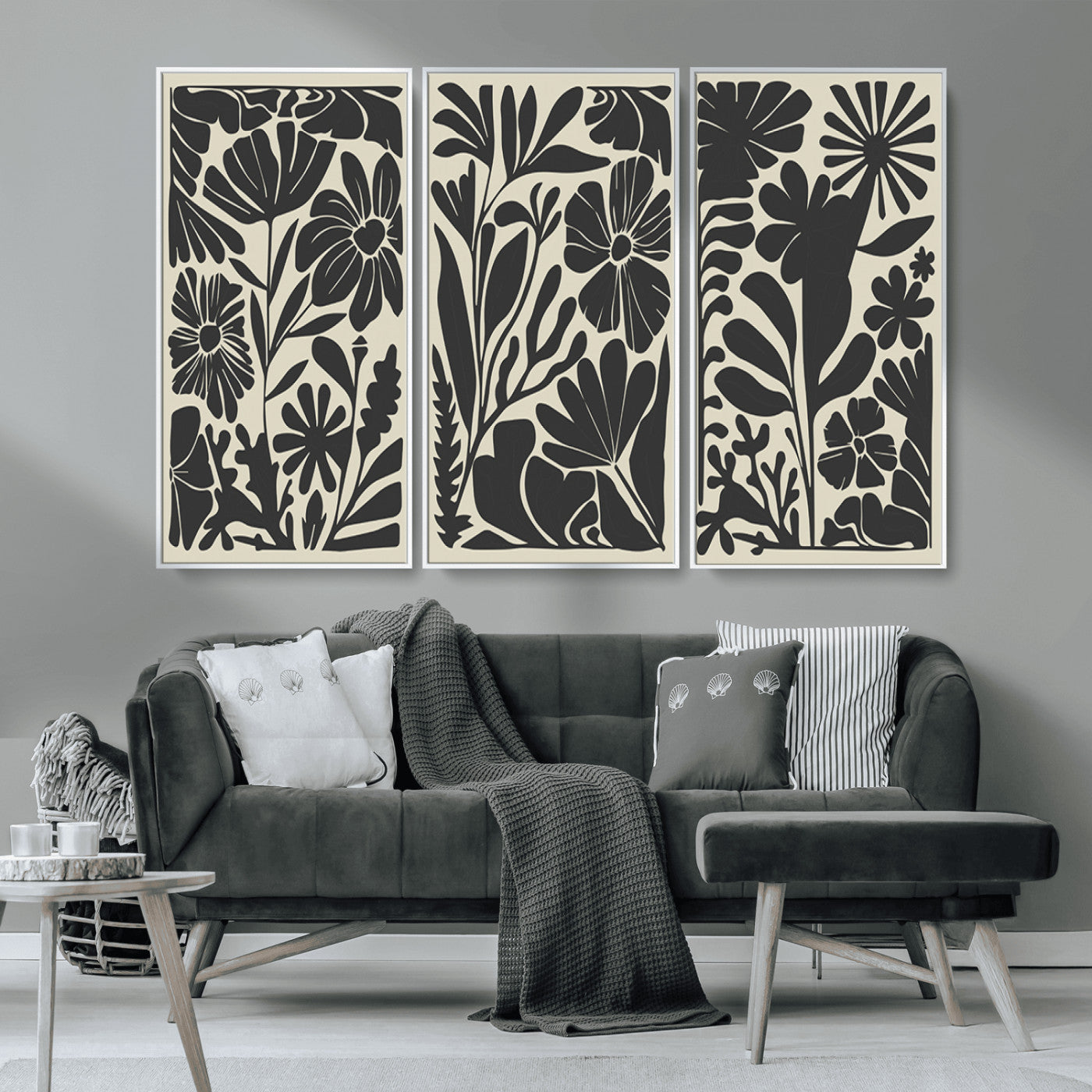 MGV-FC-48X32-3P - Modern Botanical Wall Art - Floral Black and White Canvas Print, Framed, Ready to Hang