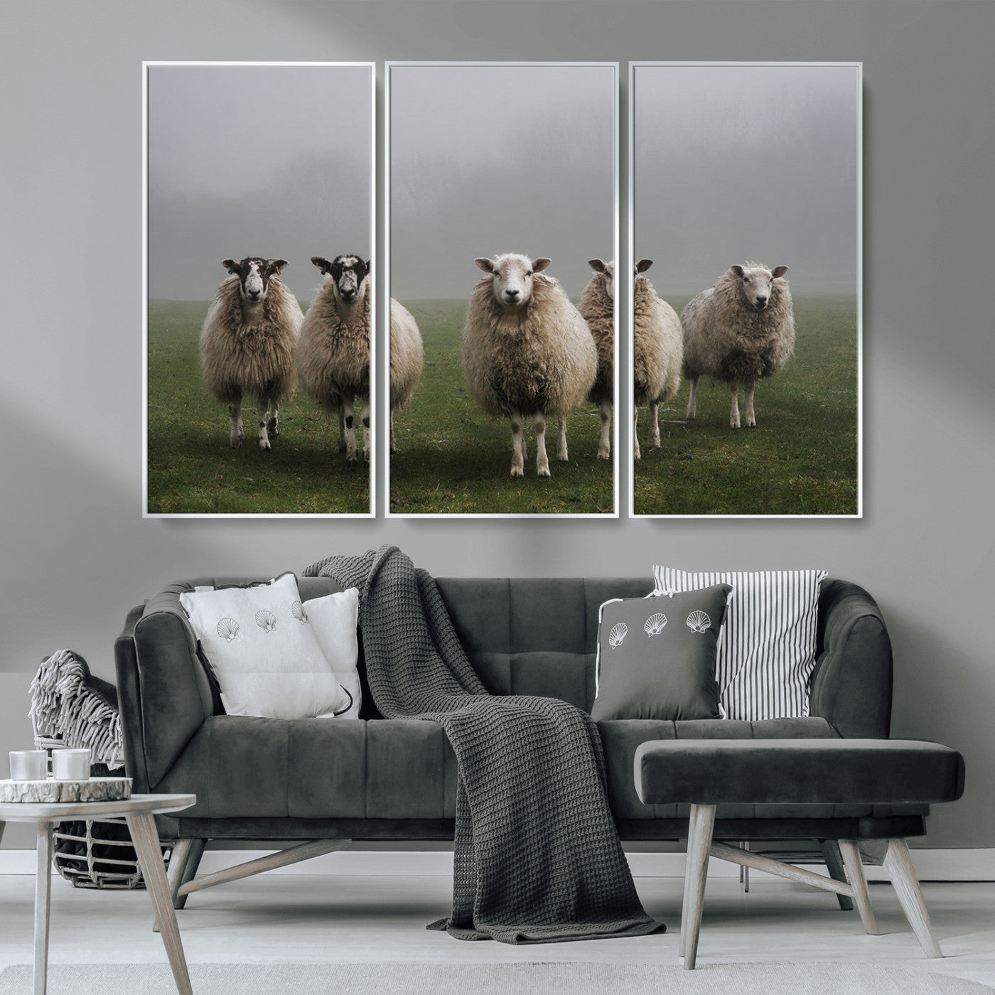 -Flock of Sheep in a Mystical Fog – Pastoral Wall Art Canvas Print, Framed, Ready to Hang