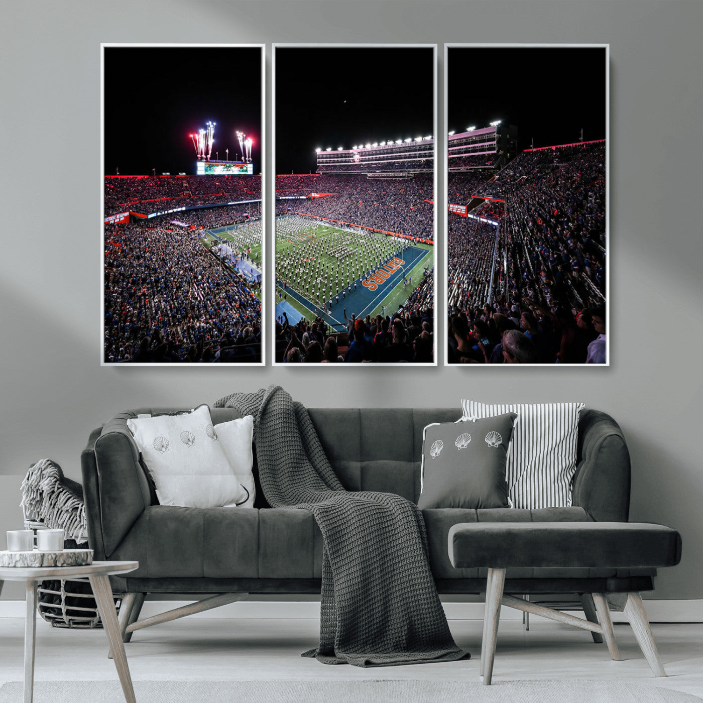 MGV-FC-48X32-3P - Ben Hill Griffin Stadium Night Game Triple Canvas Wall Art - Florida Gators Football Match