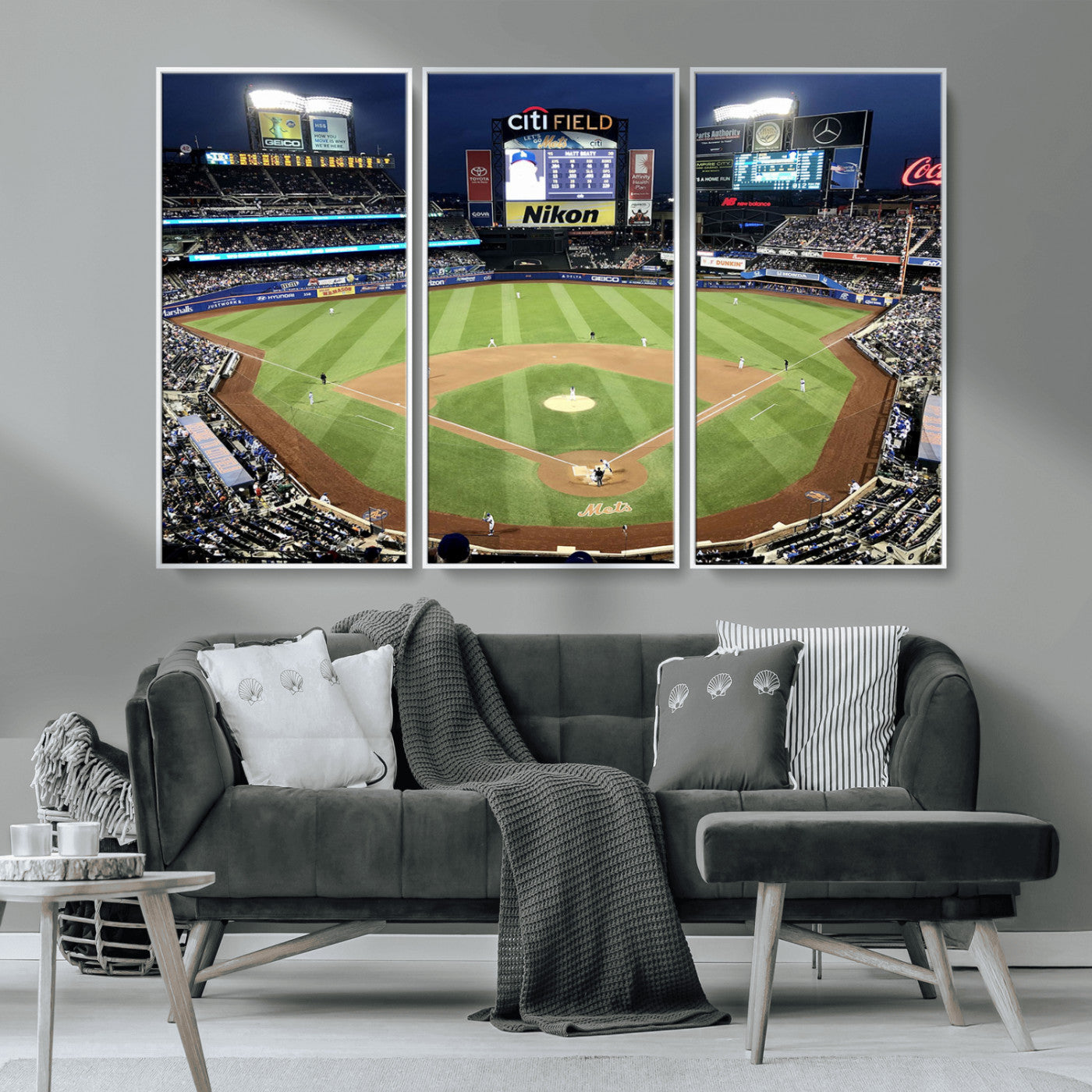 MGV-FC-48X32-3P - Citi Field Wall Art Print | 3-Panel New York Mets Baseball Stadium Canvas Print | Framed Sports Decor for Living Room, Man Cave, or Office Decor