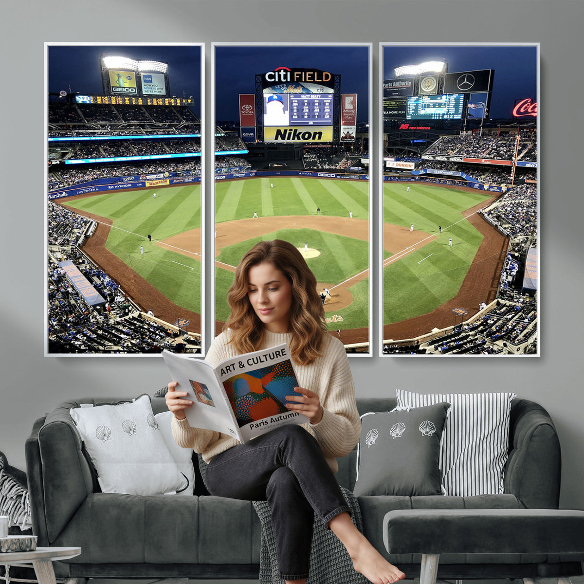 87666-MGV-CV-36X24 - Citi Field Wall Art Print | 3-Panel New York Mets Baseball Stadium Canvas Print | Framed Sports