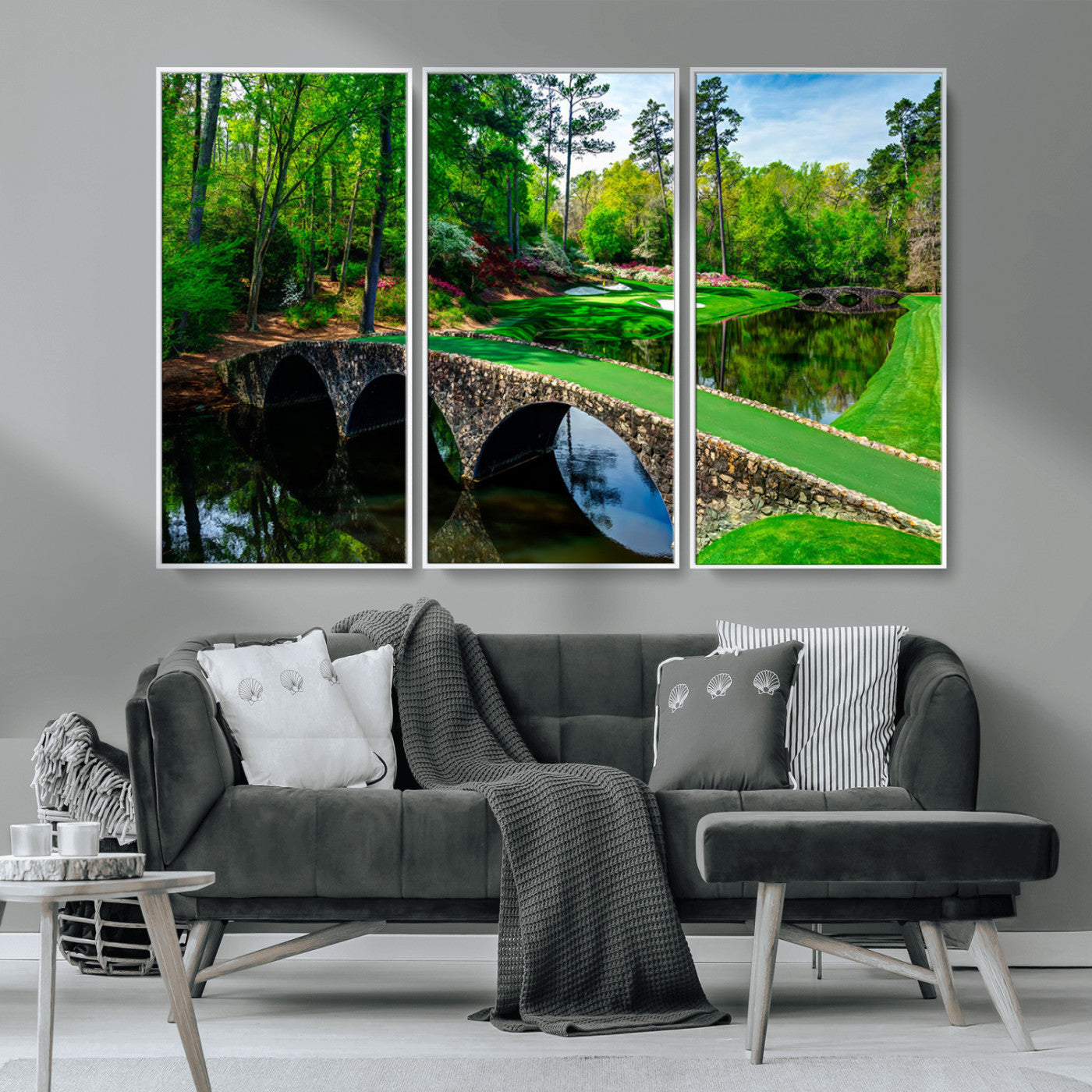 MGV-FC-48X32-3P - Augusta National Golf Club Wall Art - Panoramic Bridge & Lush Greenery – Premium Framed, Ready-to-Hang Triptych Canvas