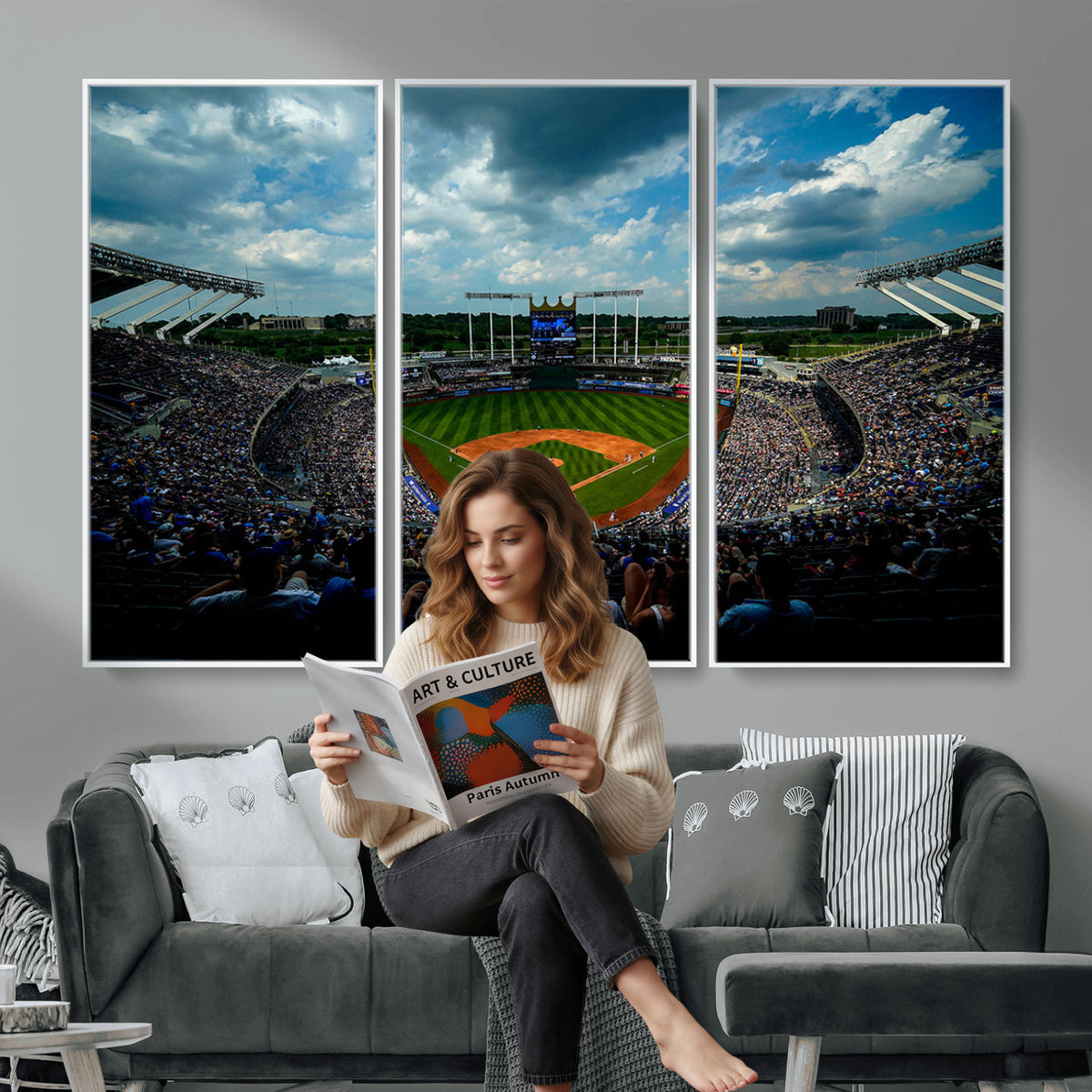 37127-MGV-CV-36X24 - 3-Panel Kauffman Stadium Wall Art Print | Large Kansas City Royals Baseball Canvas