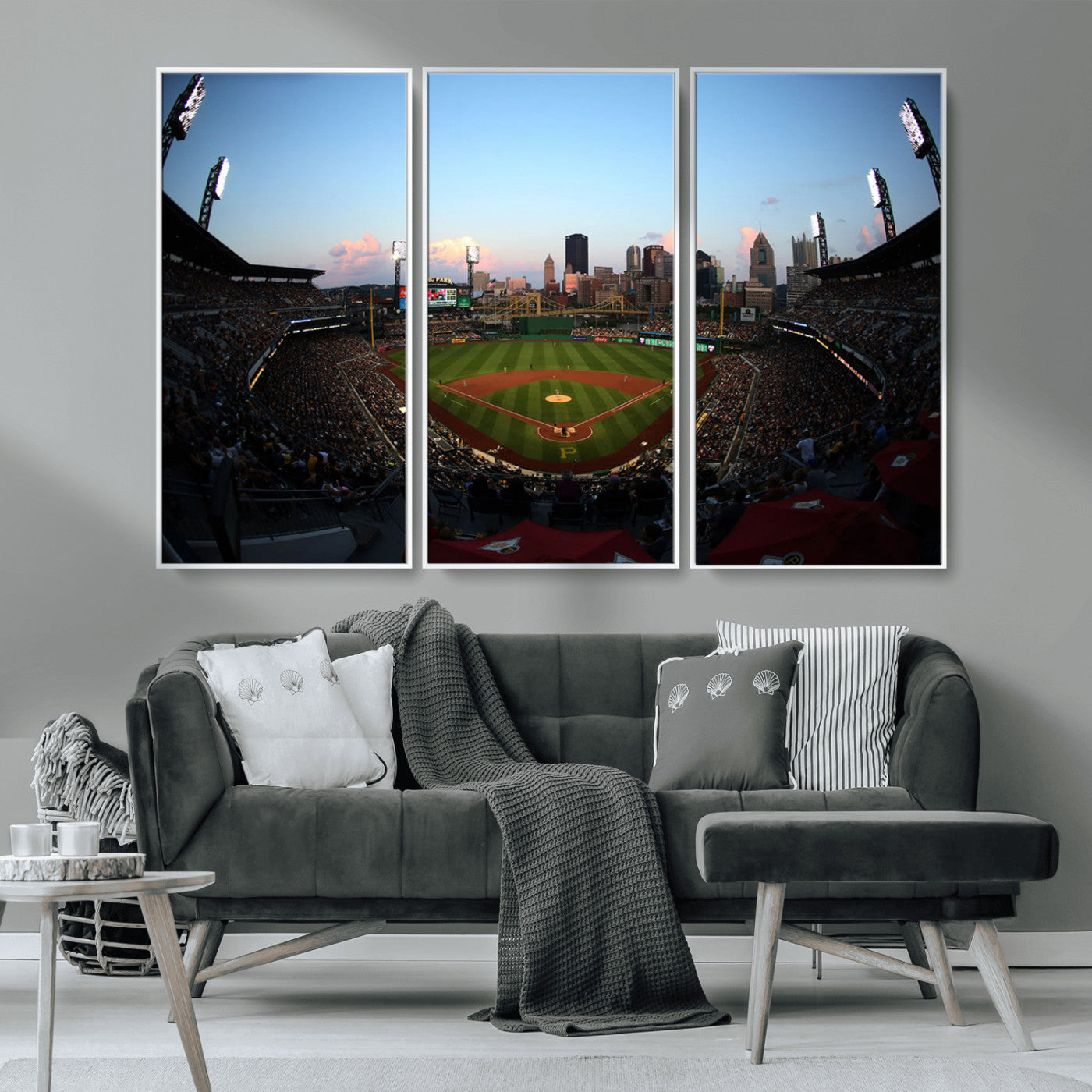 MGV-FC-48X32-3P - PNC Park Evening Game Triple Canvas Wall Art - Pittsburgh Pirates MLB Match - PNC Park Stadium Wall Art Canvas Print