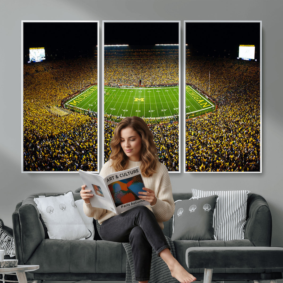 26166-MGV-CV-36X24 - Stadium in Michigan Wall Art Canvas Print, Framed American Football Stadium Art