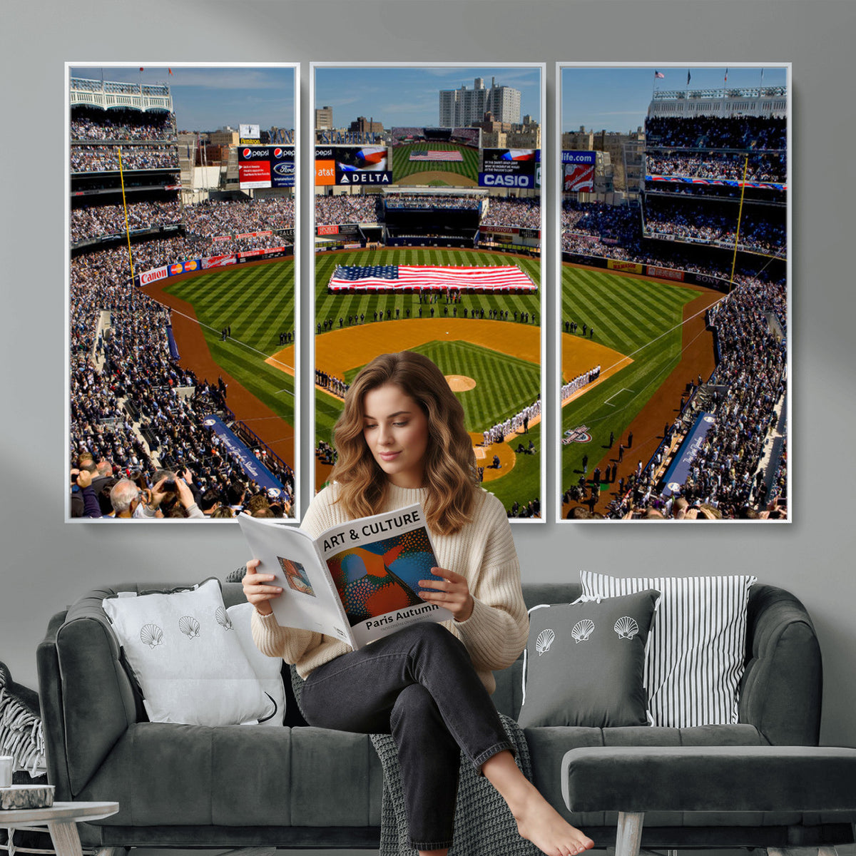 20879-MGV-CV-36X24 - Yankee Stadium New York Wall Art Print | 3-Panel Canvas Print of Yankees Baseball Stadium