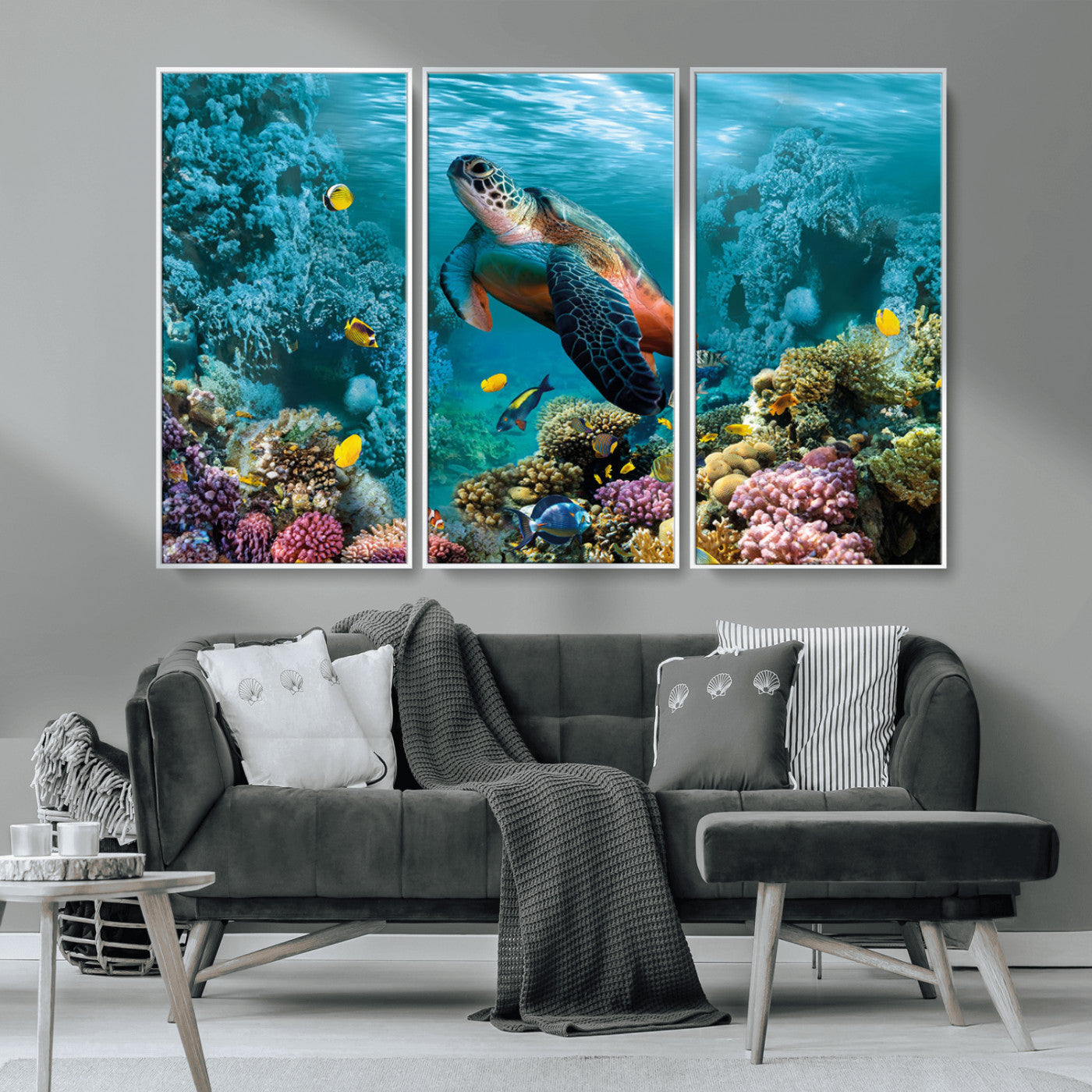 MGV-FC-48X32-3P - Sea Turtle and Coral Reef Triptych Wall Art – Vibrant Underwater Scene Canvas Set for Ocean Lovers and Coastal Decor – Ready to Hang 3-Panel Artwork