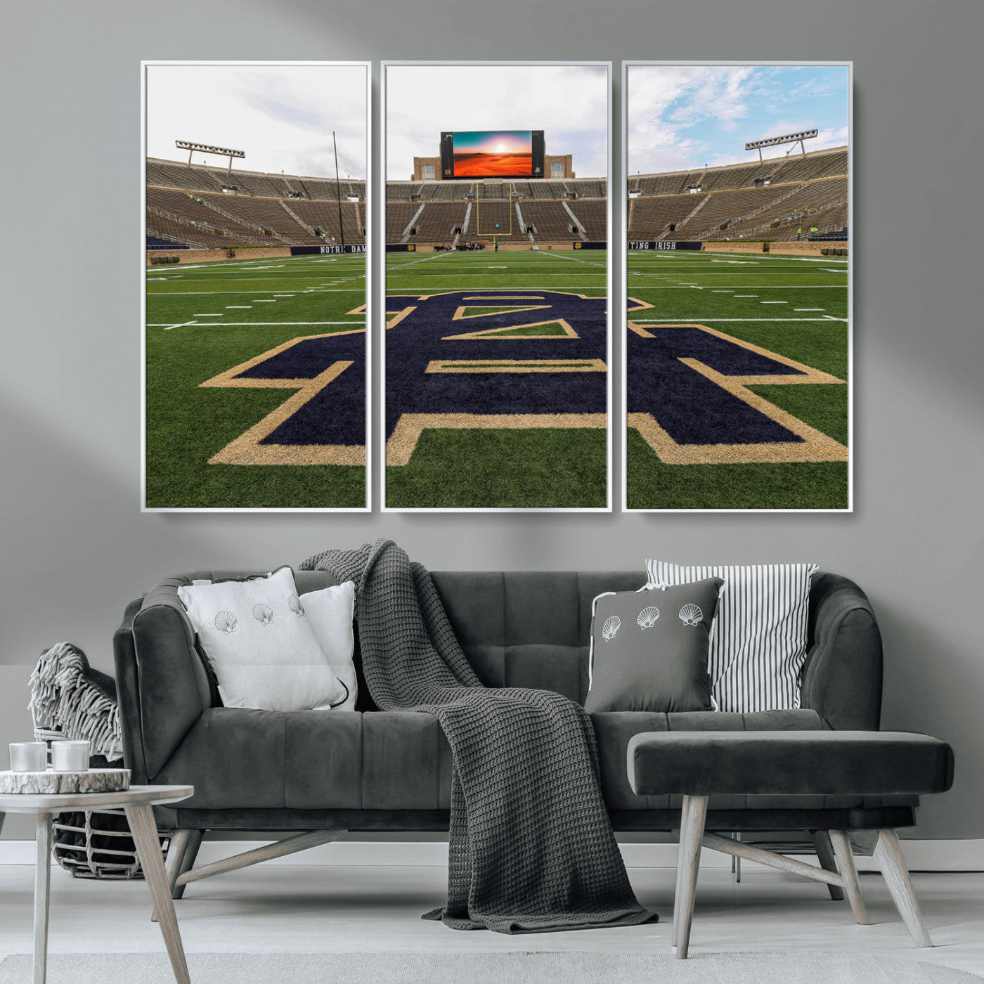 MGV-FC-48X32-3P - Notre Dame Stadium Giclee Canvas Print | Triptych Wall Art Featuring Iconic Notre Dame Football Field | Ready-to-Hang Sports Stadium Decor