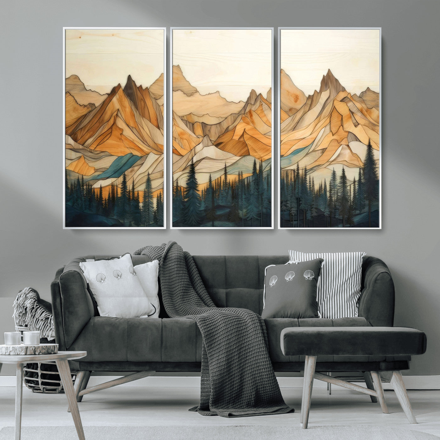 -Rustic Wood Mountain Wall Art Print | Triptych Giclee Print Featuring Handcrafted Forest and