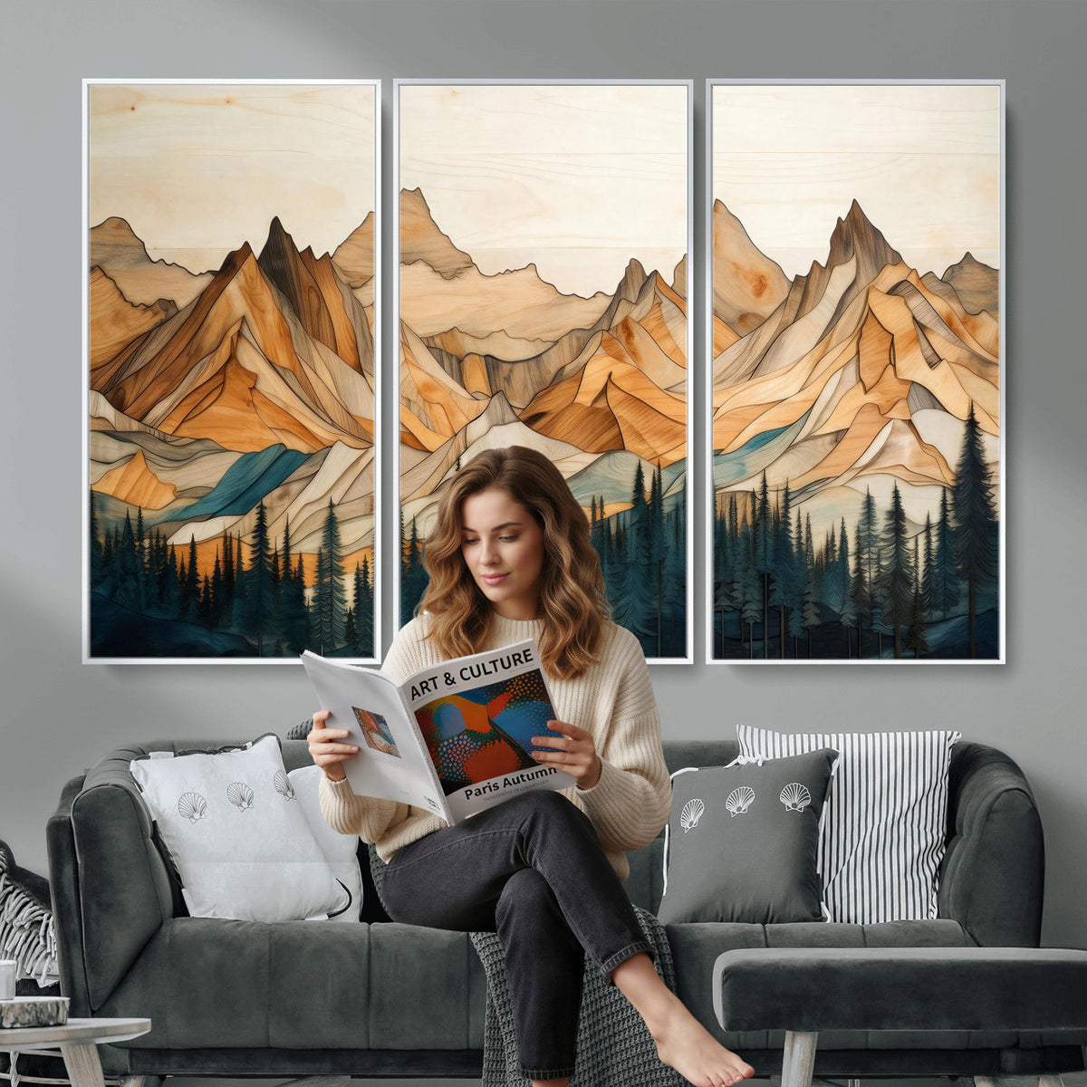 31576-MGV-CV-36X24 - Geometric Wood Mountain Landscape Wall Art Canvas Print, Rustic Forest Painting Print
