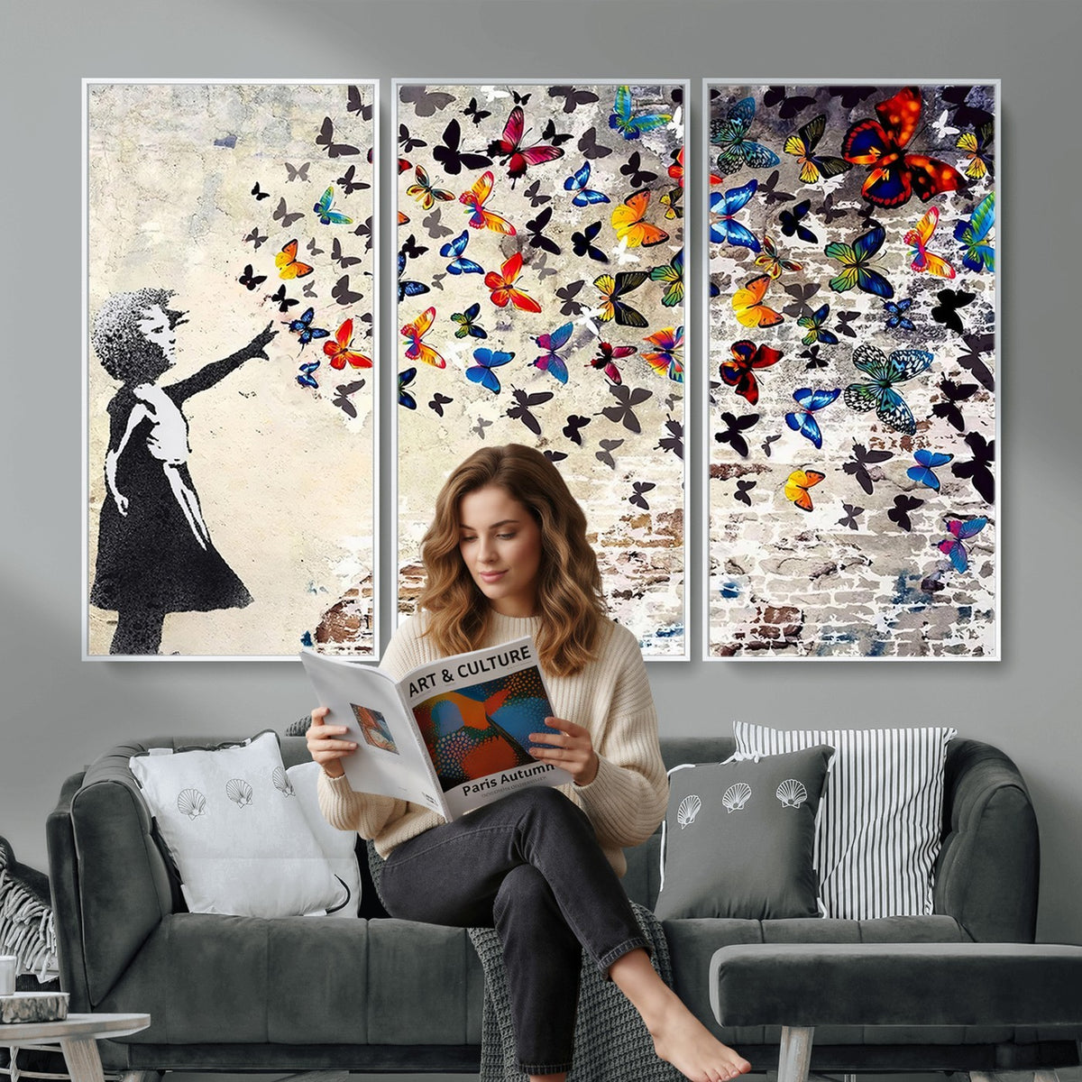 97895-MGV-CV-24X16 - Banksy Graffiti Wall Art Canvas Print, Girl Releasing Vibrant Butterflies
