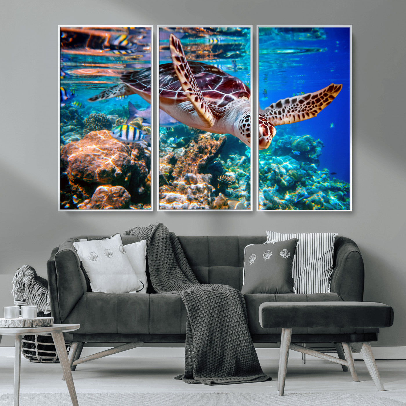 MGV-FC-48X32-3P - Underwater Coral Reef Sea Turtle Wall Art Canvas Print, Vibrant Marine Life | Colorful Ocean Scene