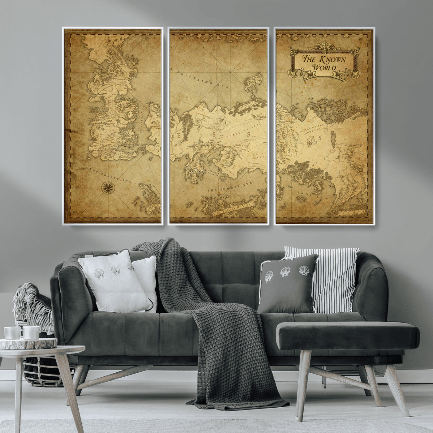 MGV-FC-48X32-3P - Vintage Game of Thrones Map Wall Art | Westeros and Essos Antique Style Print | The Known World in Triptych Canvas | Giclee Canvas for Fantasy Lovers