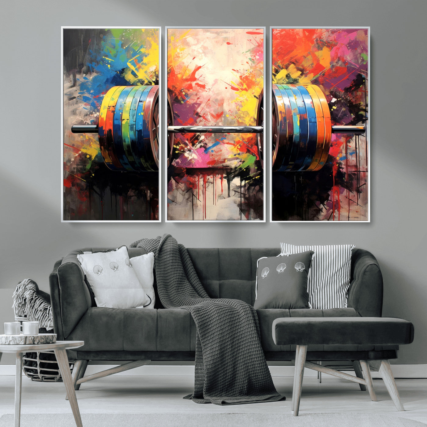 MGV-FC-48X32-3P - Weightlifting Barbell Art Triptych, Bold Abstract Fitness Wall Decor for Gym or Home, Giclee Canvas Print