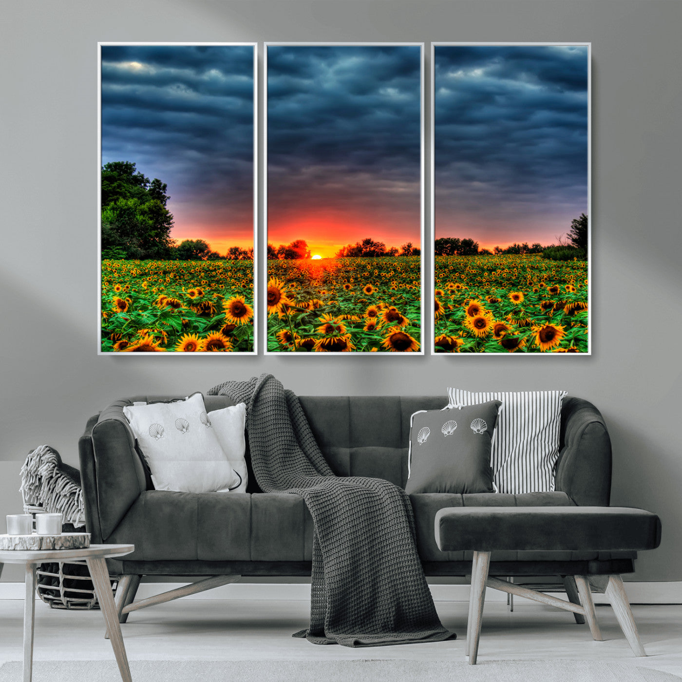 MGV-FC-48X32-3P - Golden Sunflower Field at Sunset – Breathtaking Sky and Vibrant Flowers, Ready to Hang Wall Art