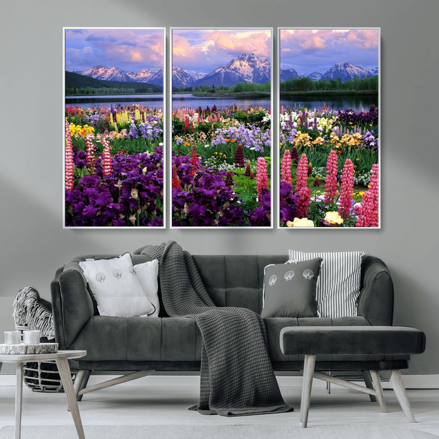 MGV-FC-48X32-3P - Vibrant Wildflower Garden and Mountain View Giclee Canvas Print | Floral Wall Art for Living Room