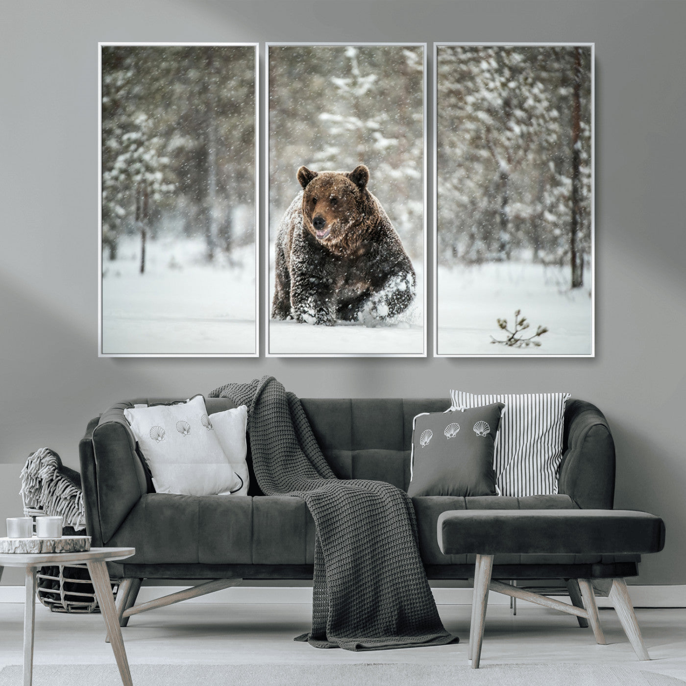 A majestic brown bear moves through a snowy forest landscape, surrounded by falling snowflakes, capturing the essence of wildlife in winter.
