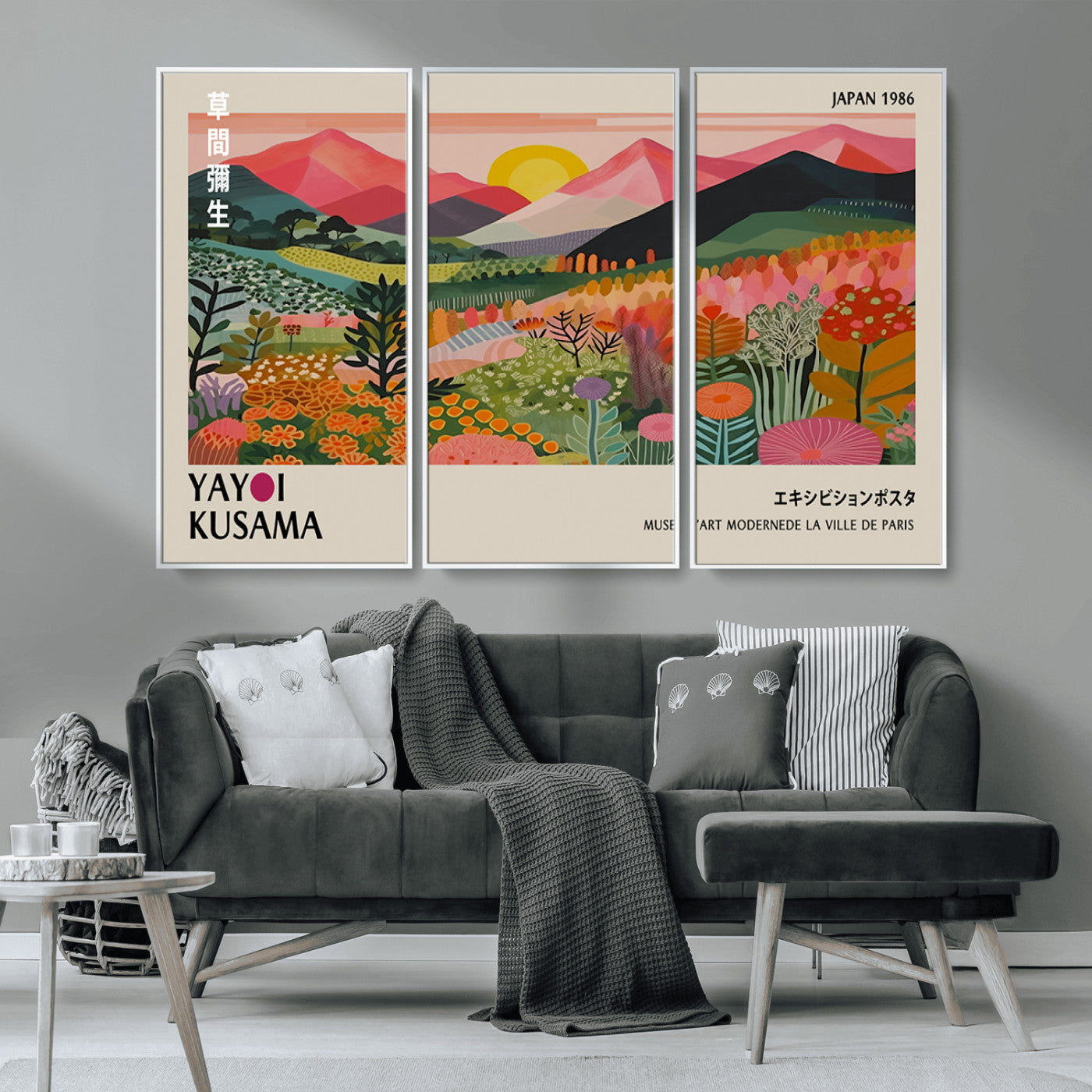 MGV-FC-48X32-3P - Yayoi Kusama Landscape Canvas Print, Vibrant Floral Mountain Art Print, Framed Botanical Wall Art -
