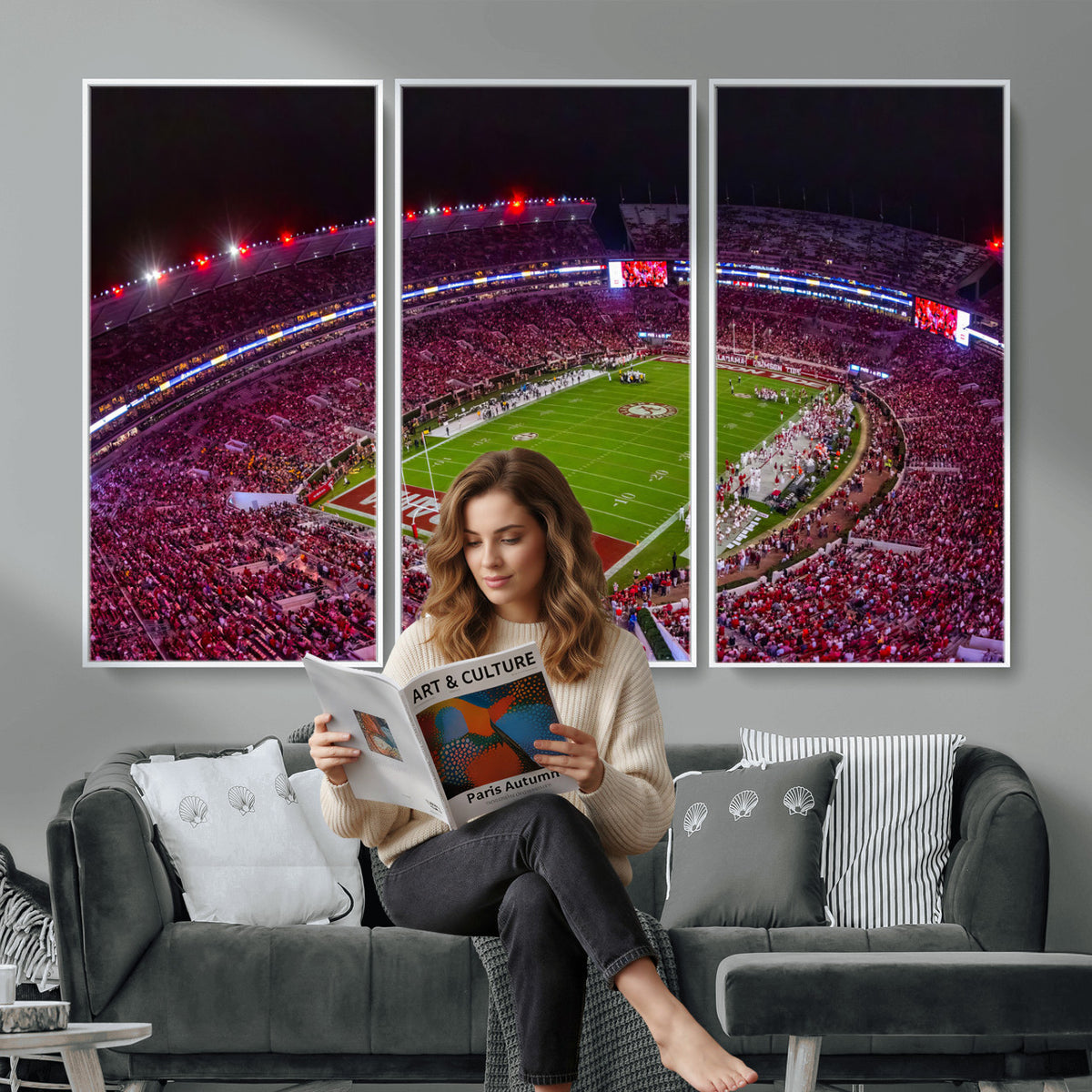 11343-MGV-CV-36X24 - Bryant-Denny Stadium Night Game Triple Canvas Wall Art | Alabama Crimson Tide Football