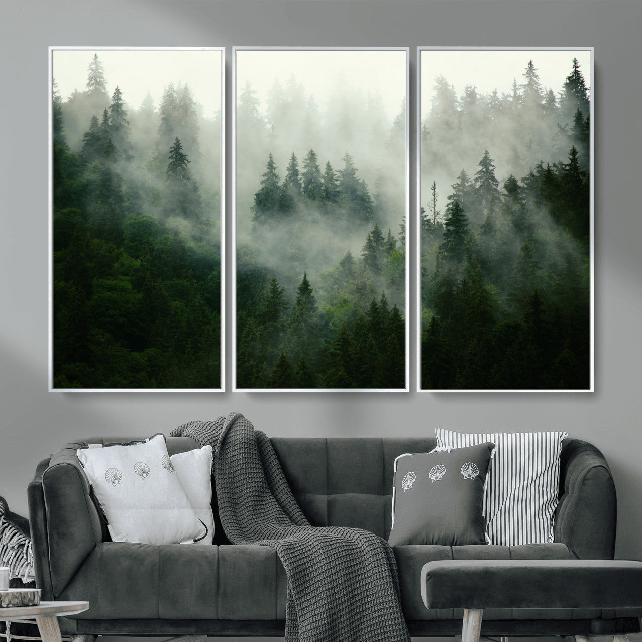 167720496-MGV-CV-36X24 - Misty Forest Mountain Wall Art Canvas  | Large 3-Panel Foggy Landscape Canvas Print | Nature Misty