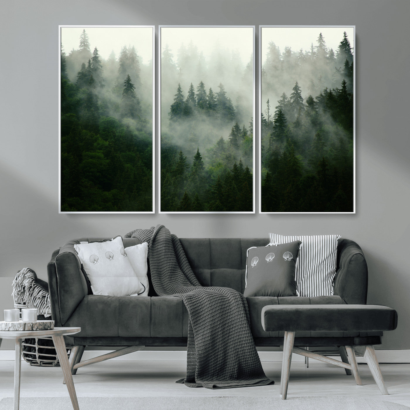 MGV-FC-48X32-3P - Misty Forest Wall Art Canvas Print - Foggy Forest Landscape Canvas Wall Art – Serene Triptych Nature