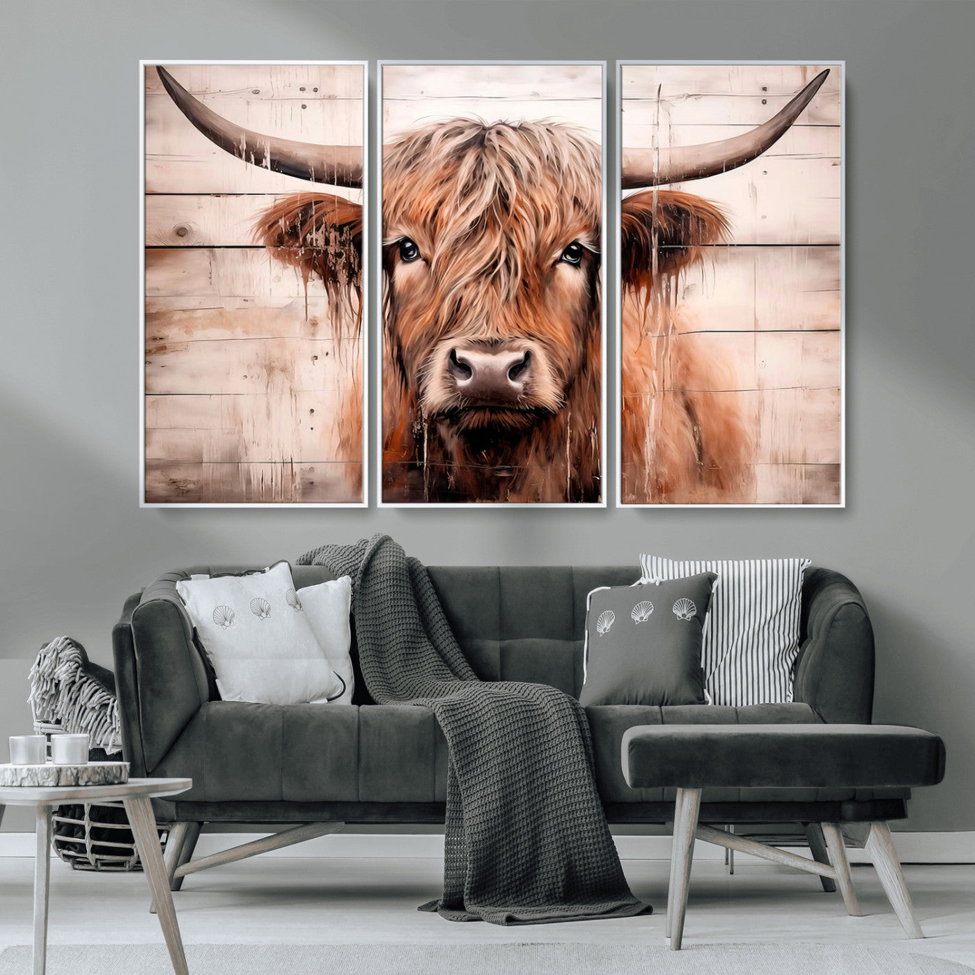 MGV-FC-48X32-3P - Vintage Scottish Highland Cow Cattle Art Print Farmhouse Wall Art Canvas Print