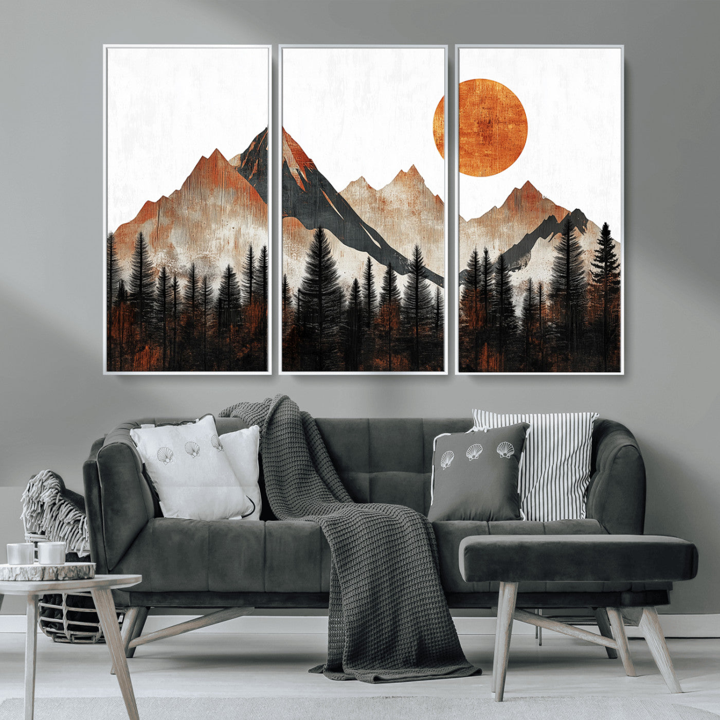 MGV-FC-48X32-3P - Modern Abstract Mountain Canvas Wall Art Print, Abstract Landscape Print, Rustic Sun and Mountains