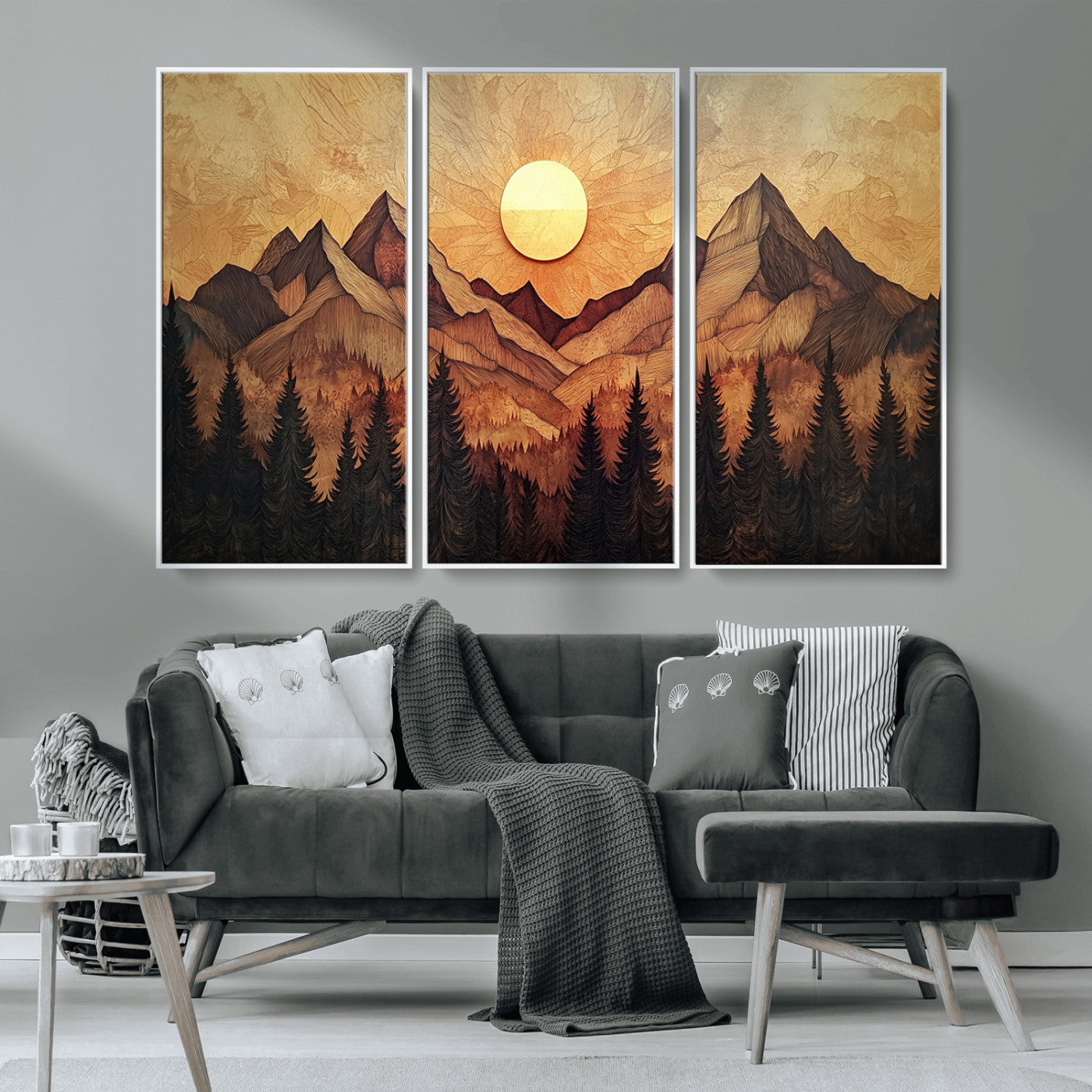 MGV-FC-48X32-3P - Wood Style Abstract Mountain Sunset Canvas Wall Art Print - Warm Earth Nature-Inspired Decor for